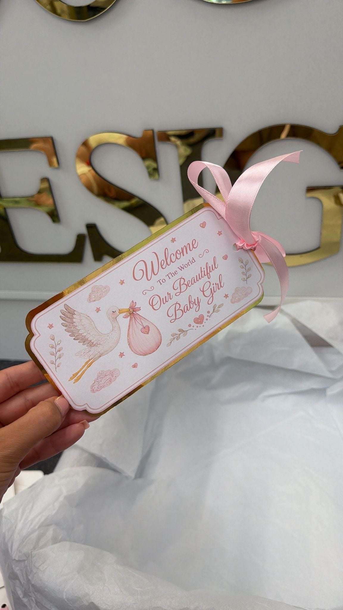 NEW - Pink stork arrival tag (girl)