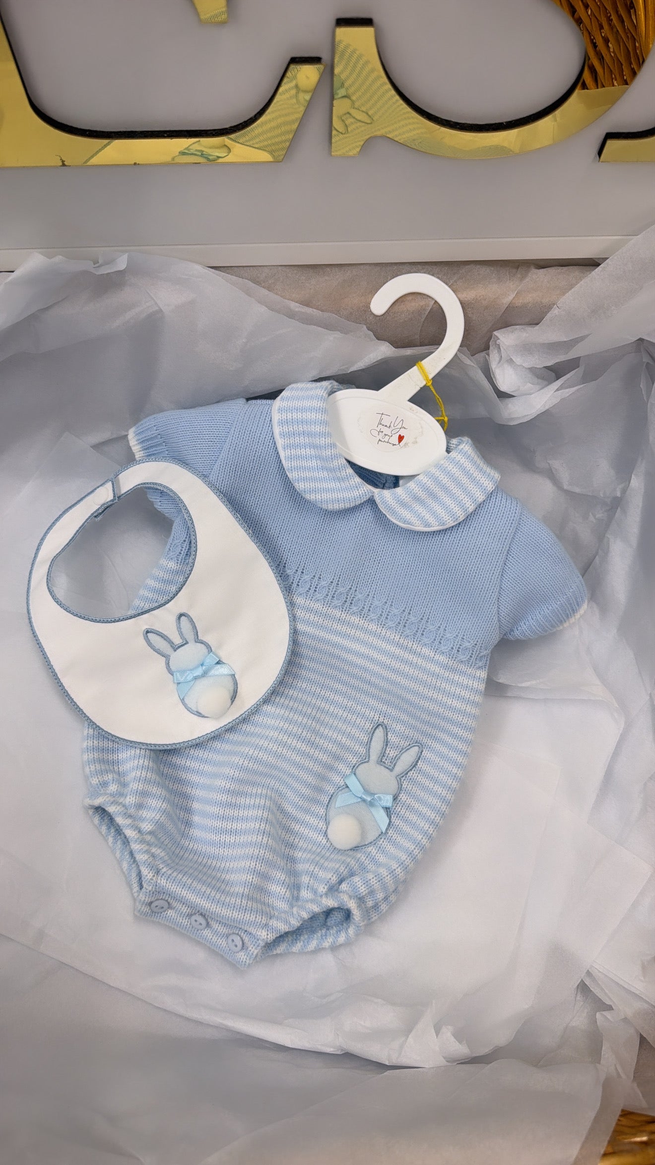Baby blue Bunny knit romper and bib