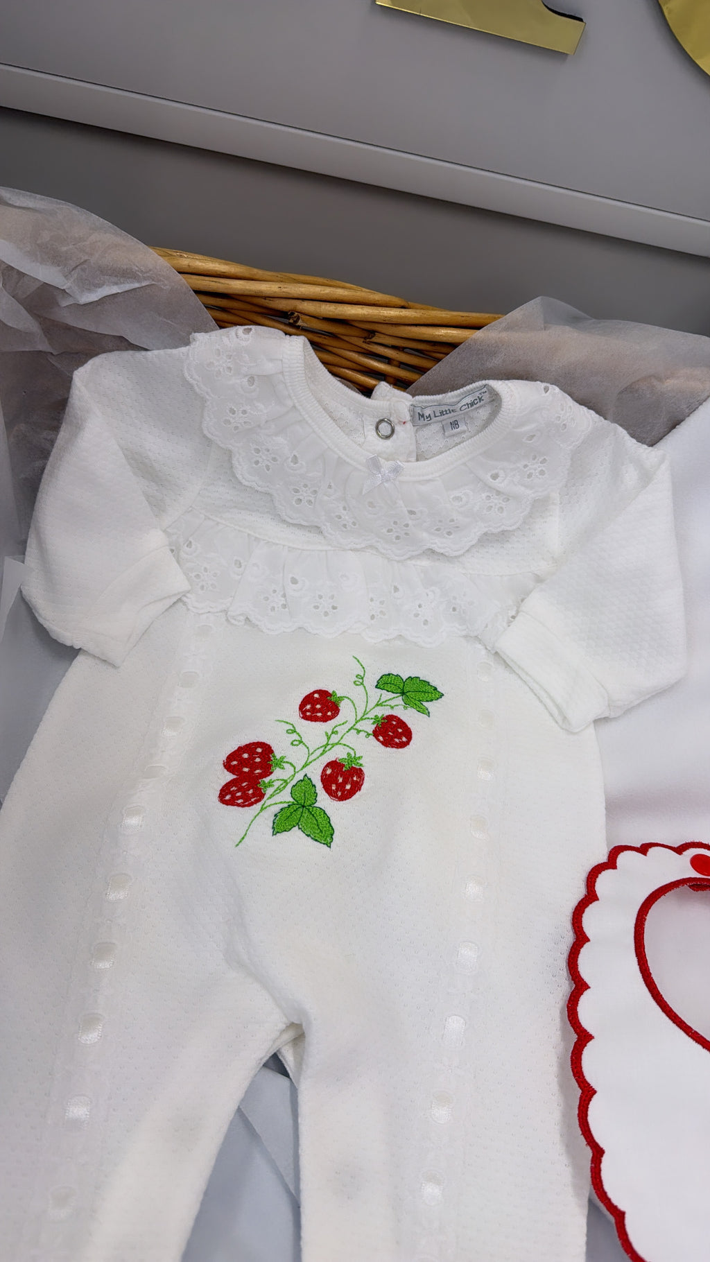 Summer time strawberry babygrow & bib & blanket