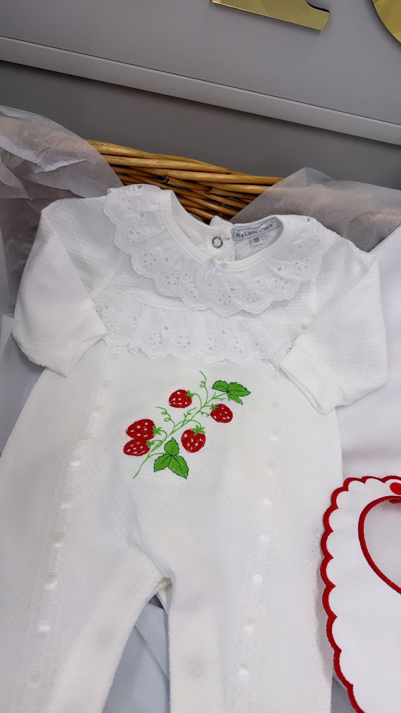 Summer time strawberry babygrow & bib & blanket