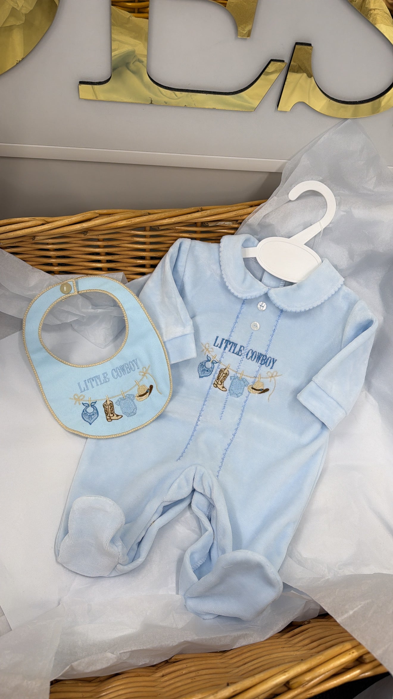 Velour cowboy babygrow & bib (blanket sold separately)