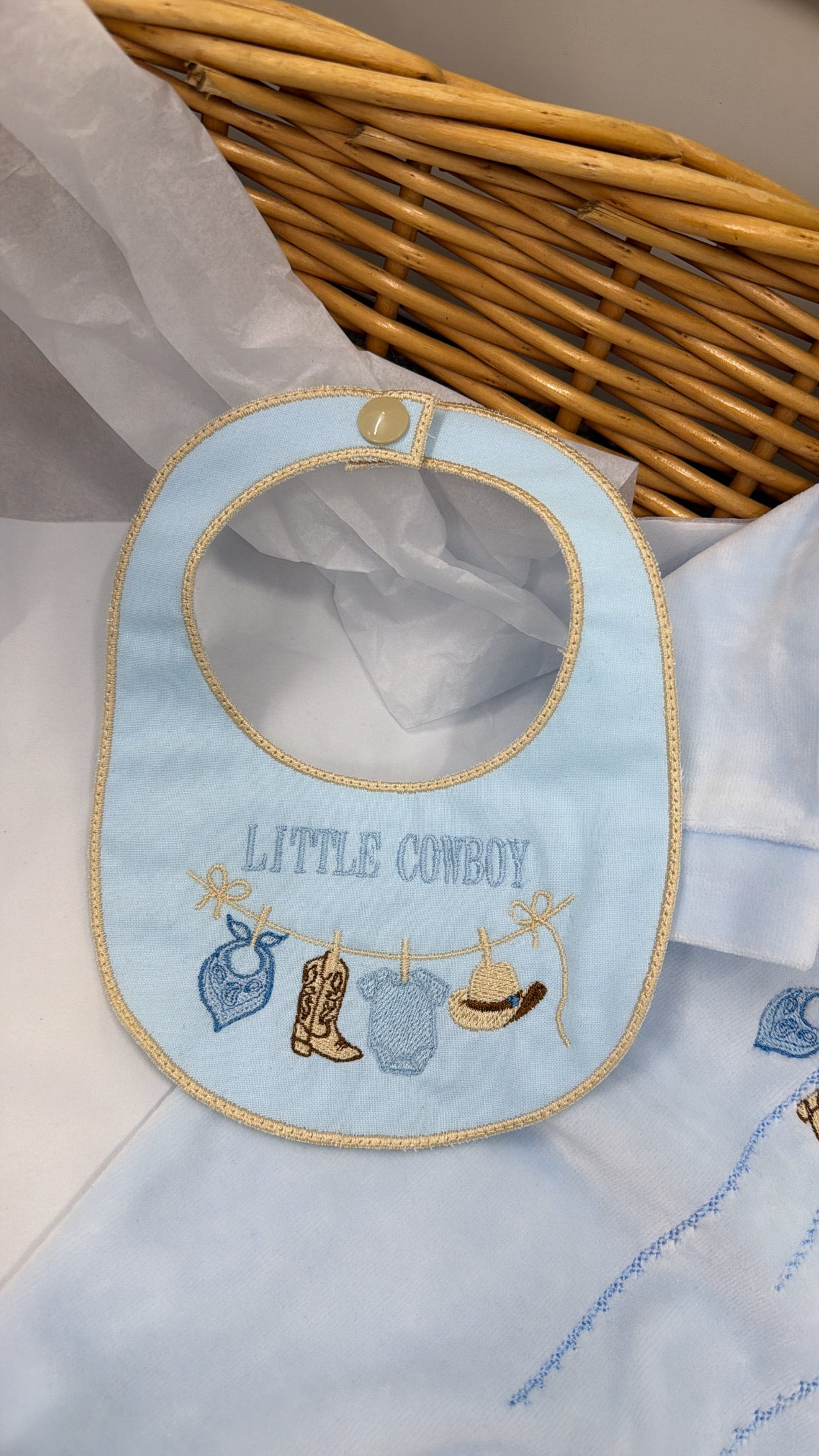 Velour cowboy babygrow & bib (blanket sold separately)