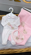Pink rattle Babygrow and bib