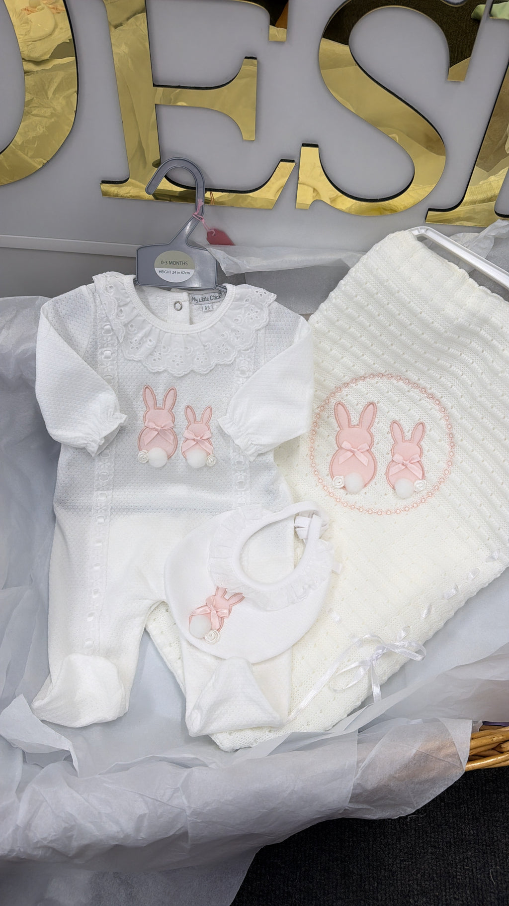 Lace bunny baby grow and bib set (blanket sold separately)