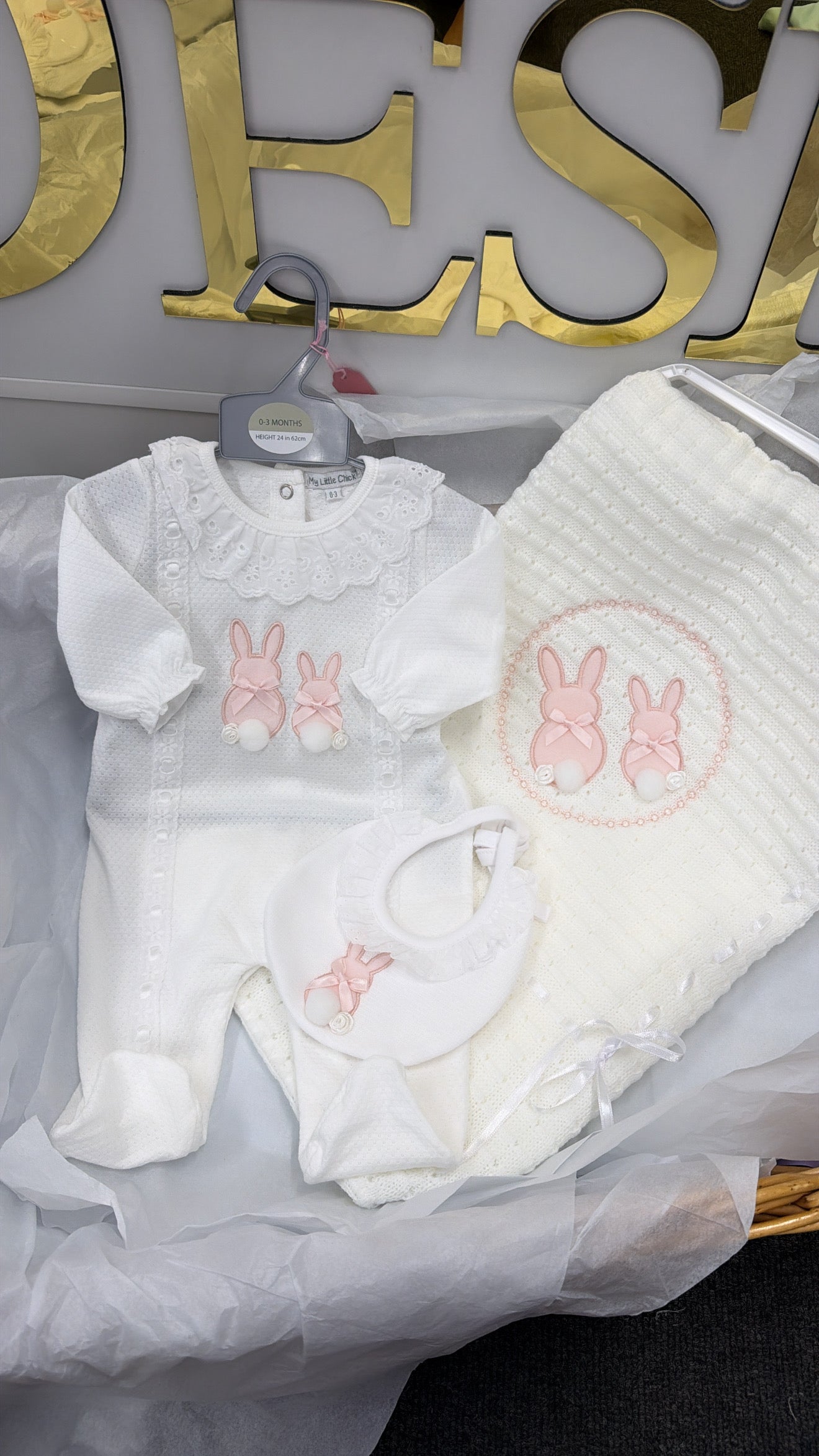Lace bunny baby grow and bib set (blanket sold separately)