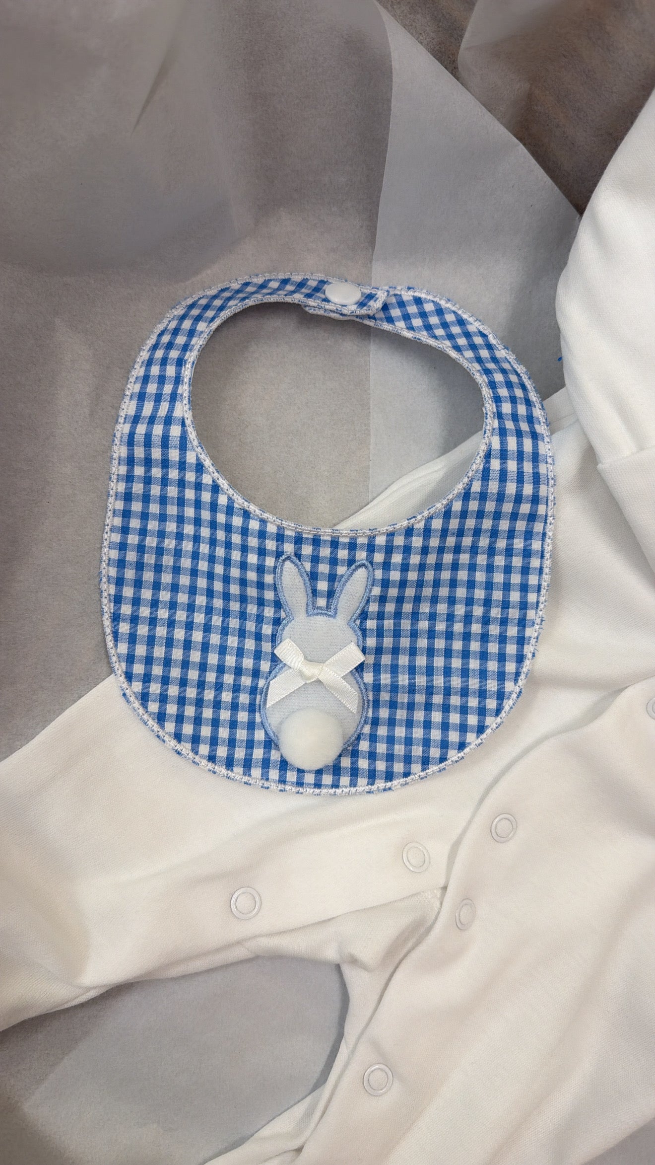 Blue check bunny babygrow & bib set