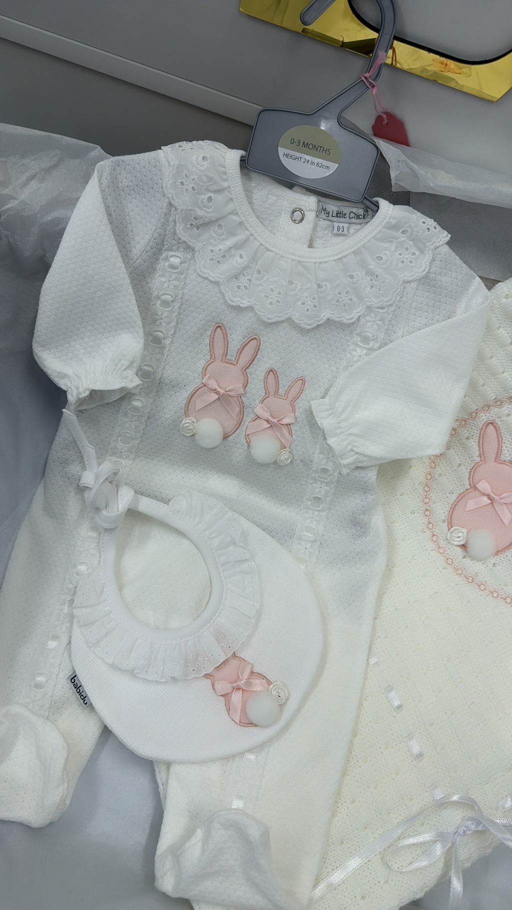 Lace bunny baby grow and bib set (blanket sold separately)
