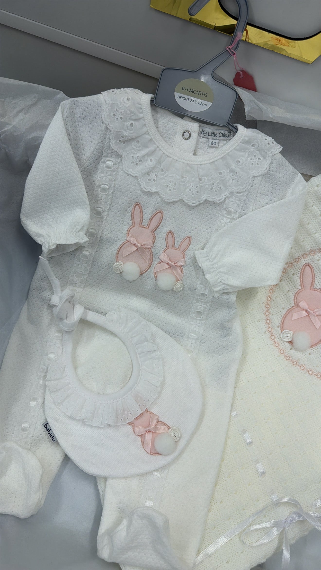 Lace bunny baby grow and bib set (blanket sold separately)