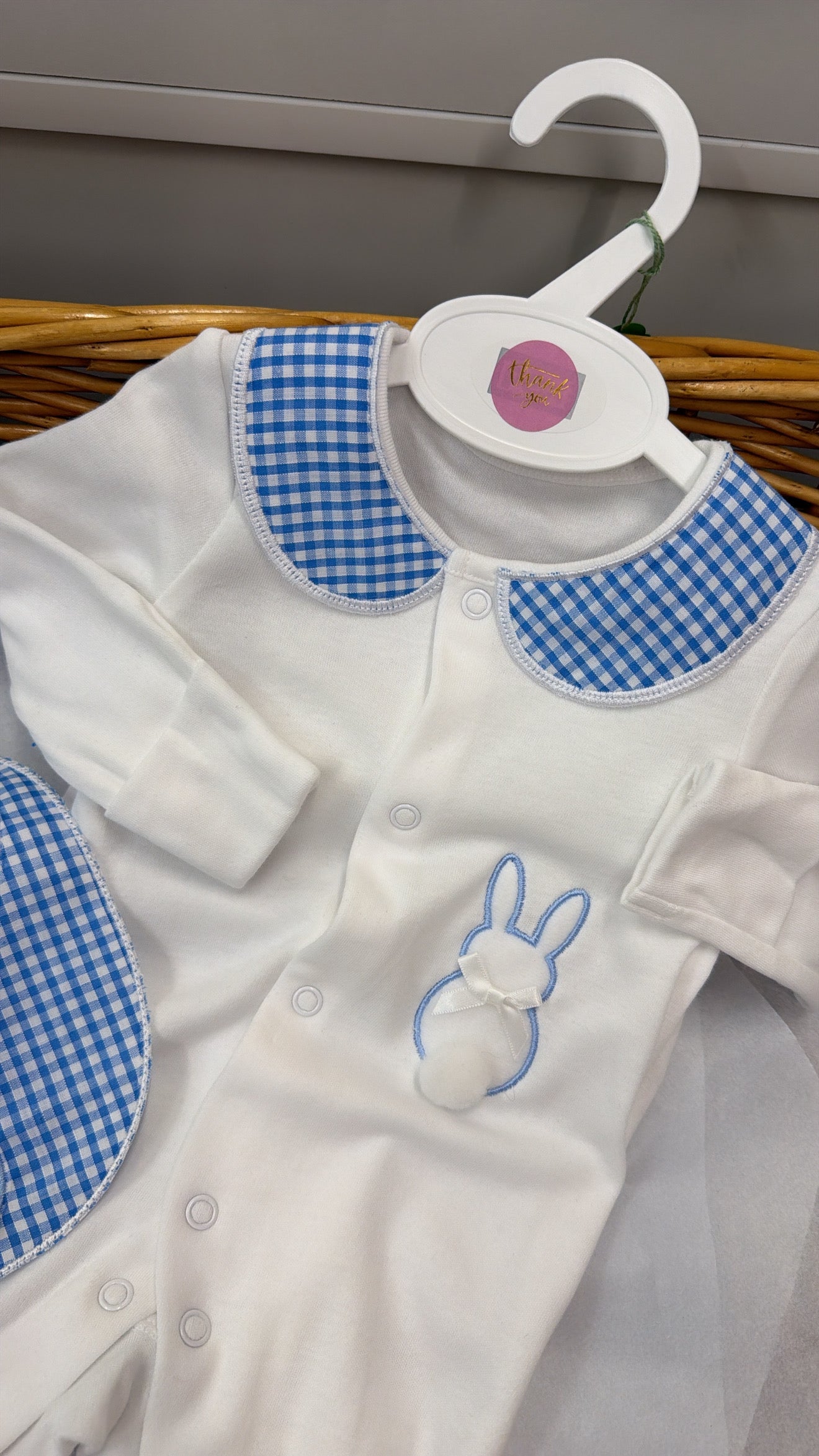Blue check bunny babygrow & bib set