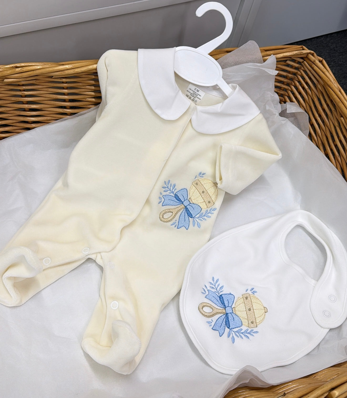 Cream velour babygrow&bib