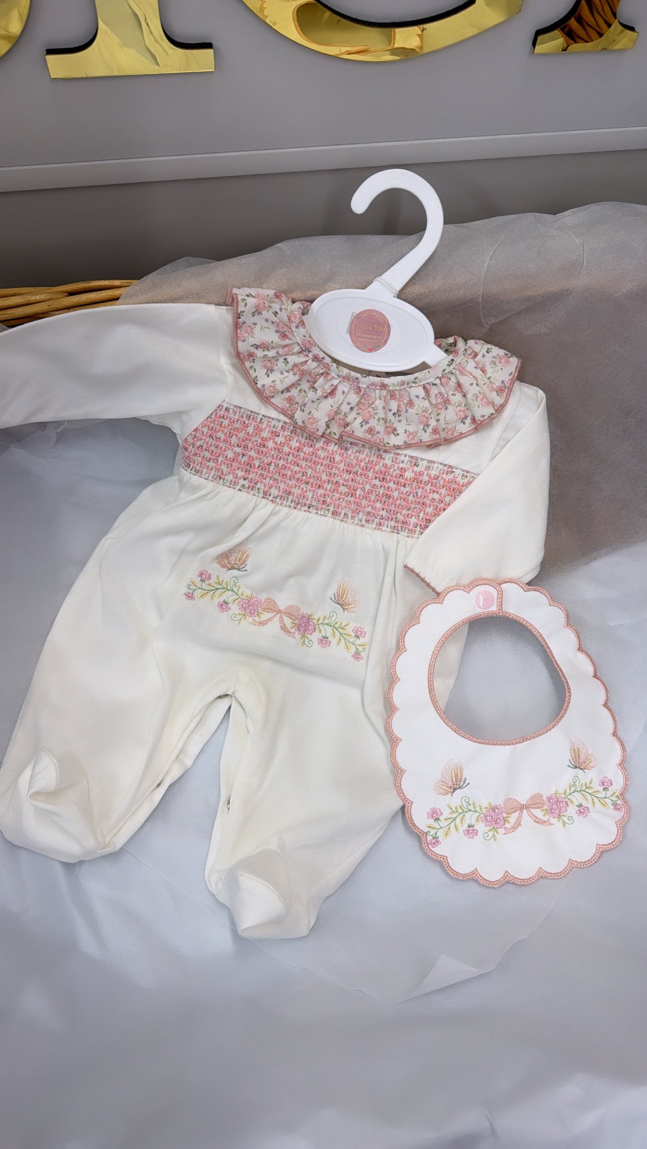 Floral smocked babygrow&bib set