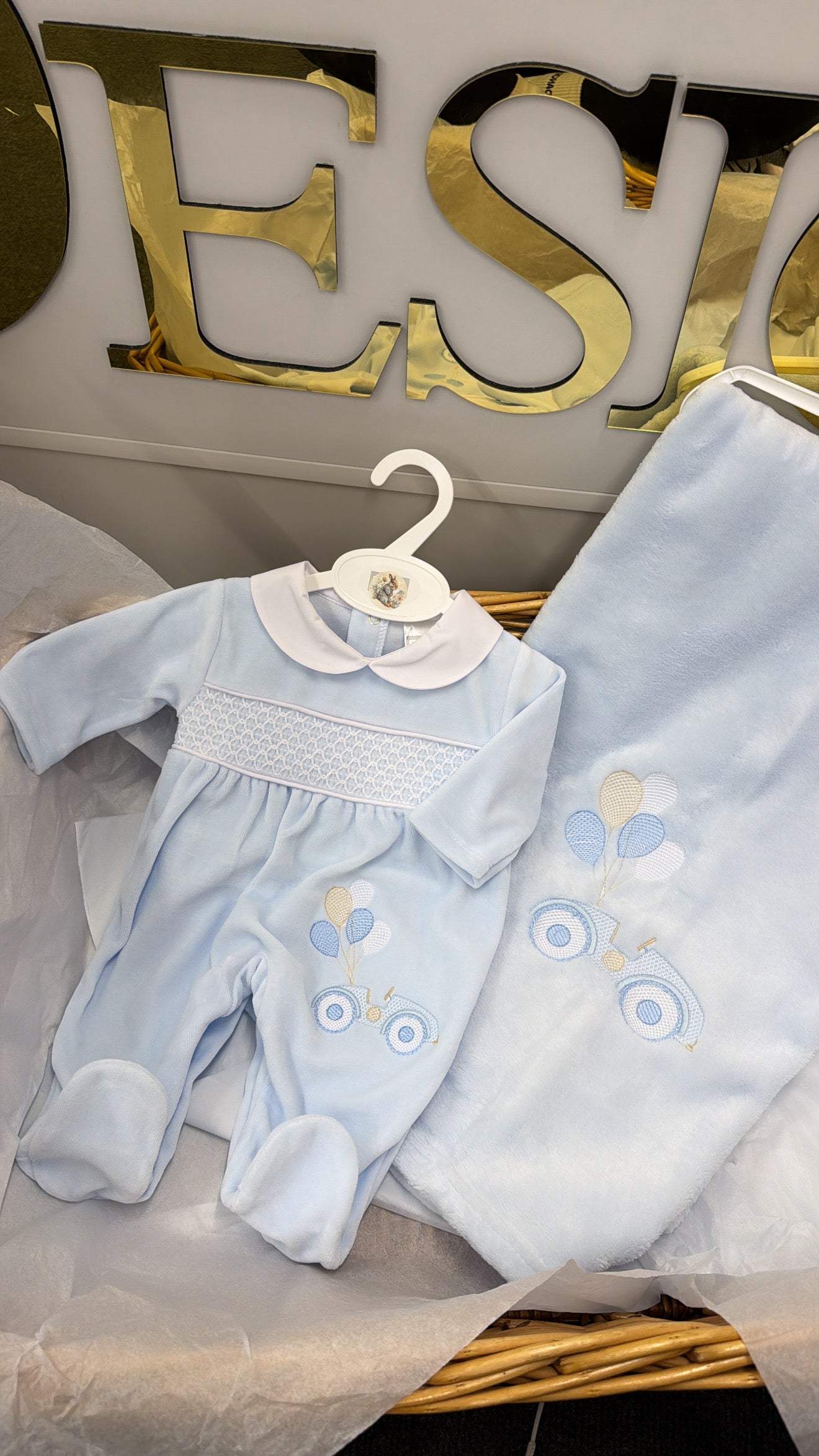 Blue car with balloon babygrow (blanket sold separately)