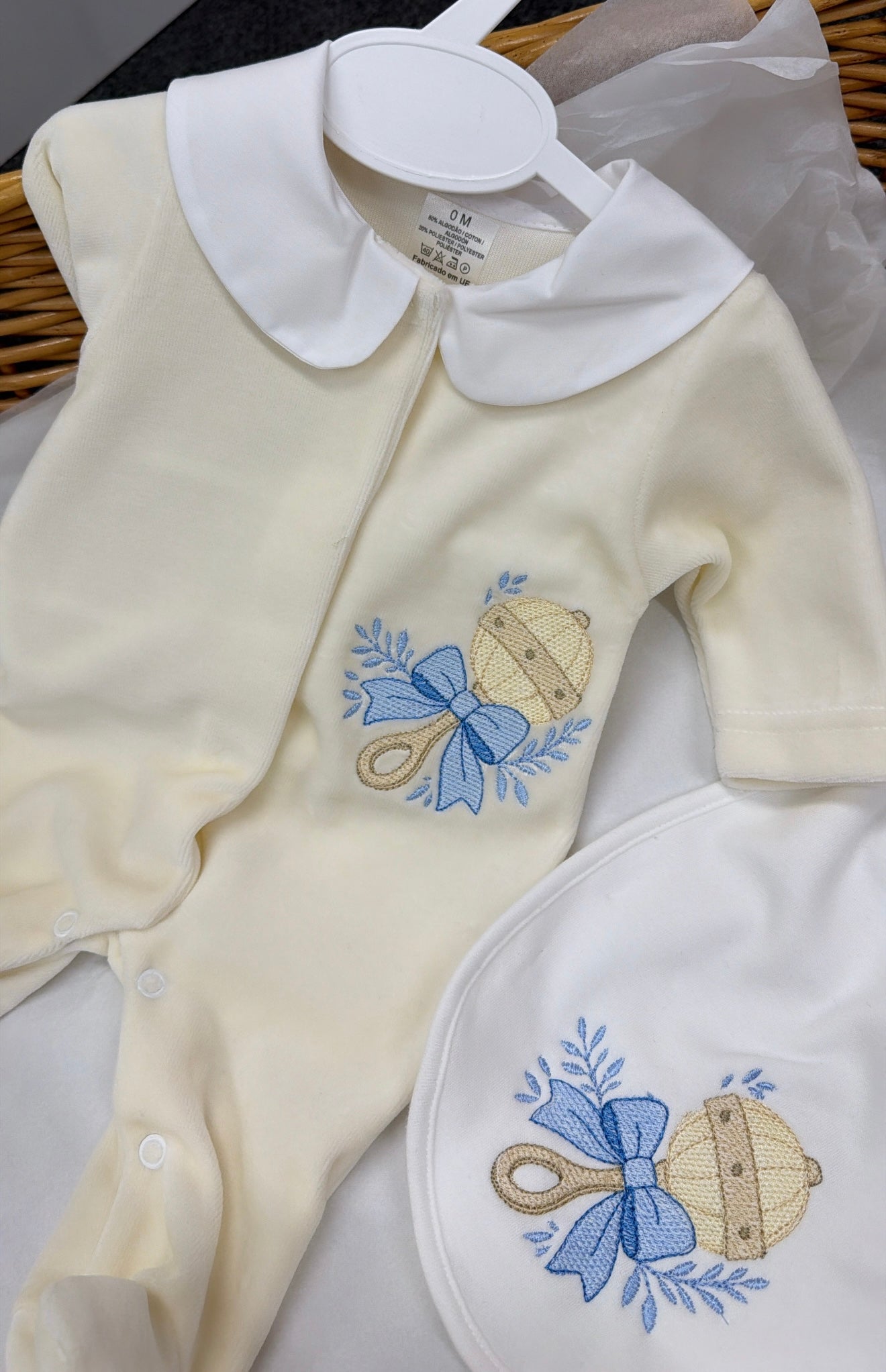 Cream velour babygrow&bib