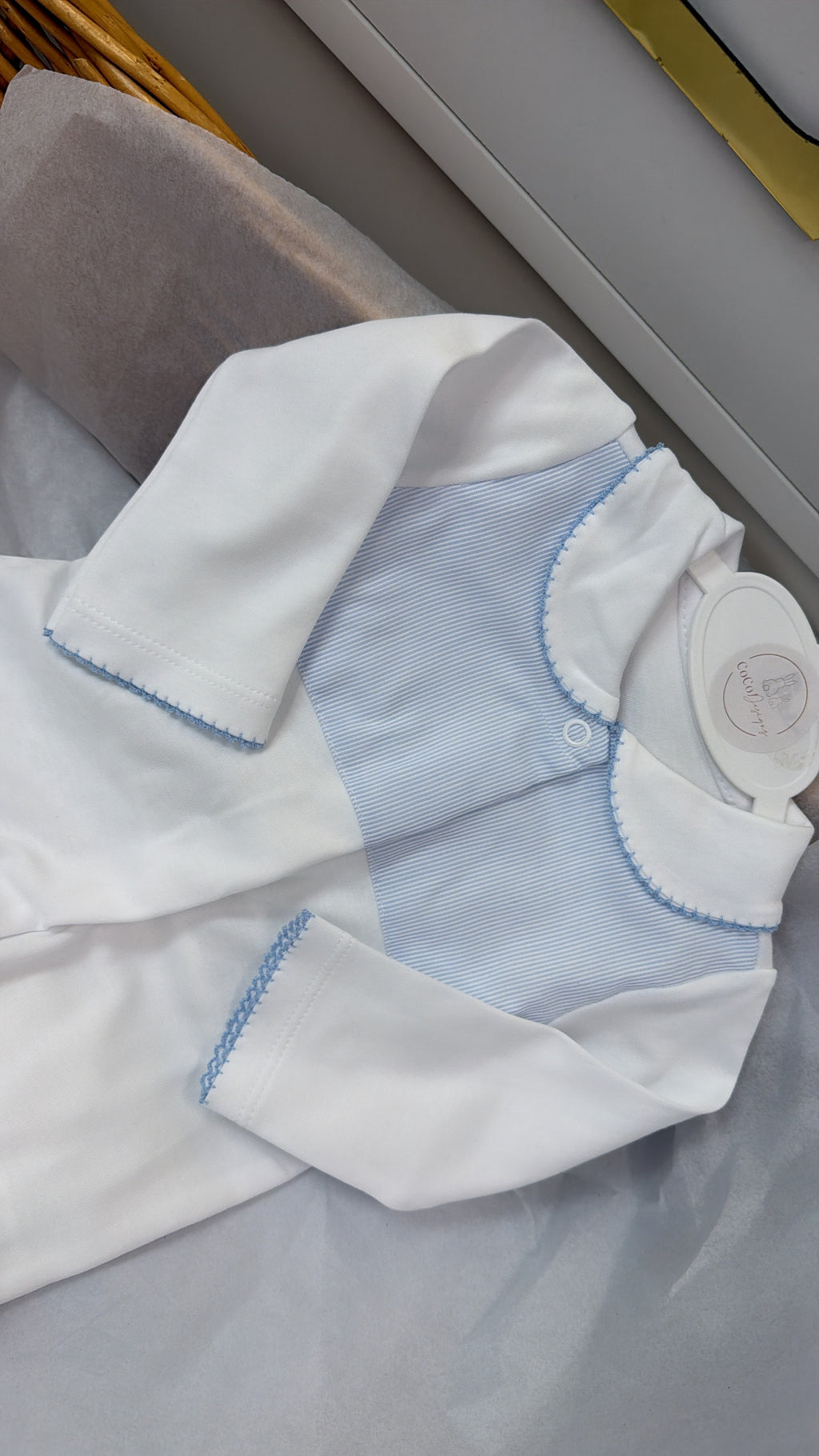 Baby blue stripe cotton babygrow