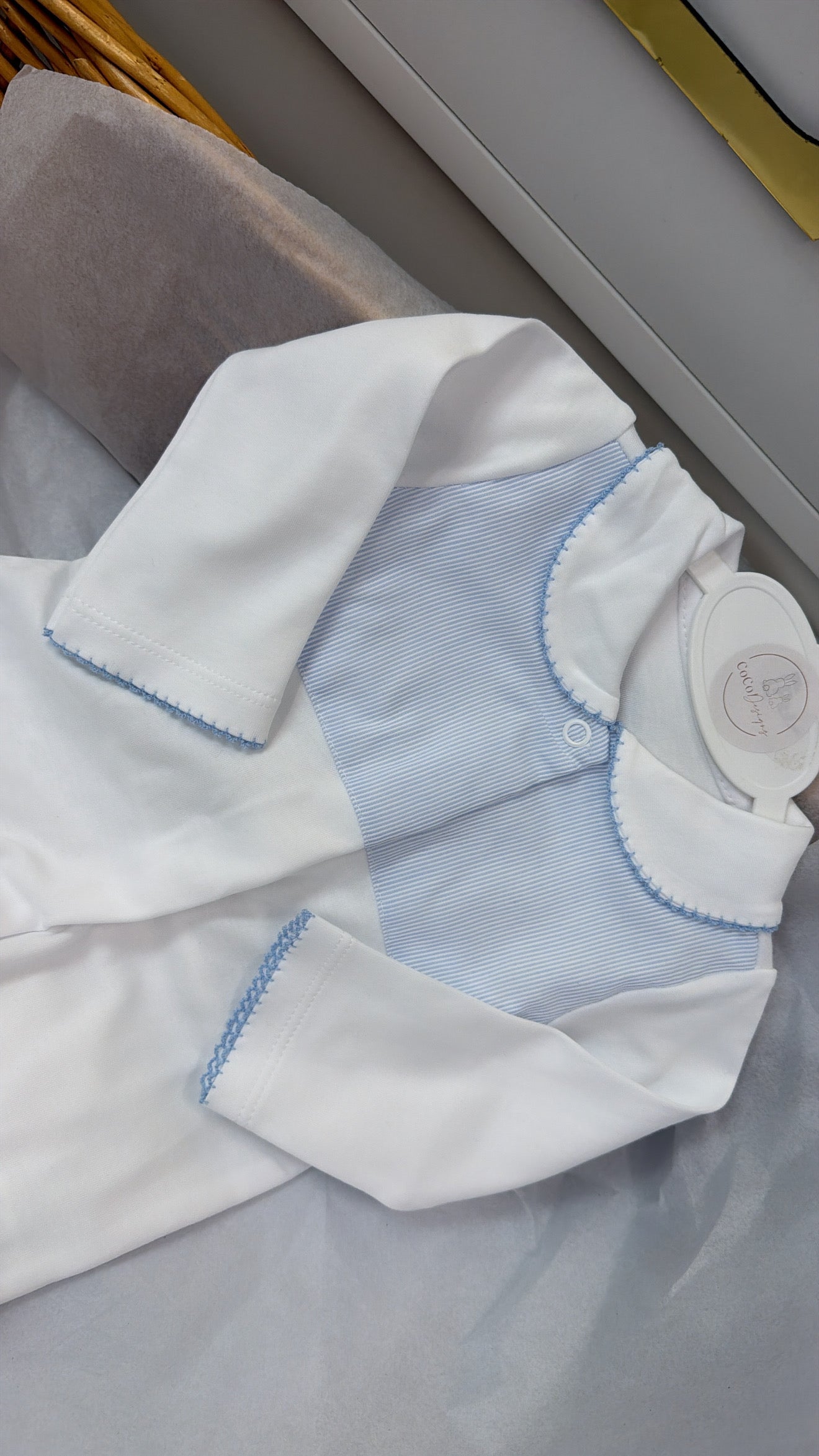 Baby blue stripe cotton babygrow