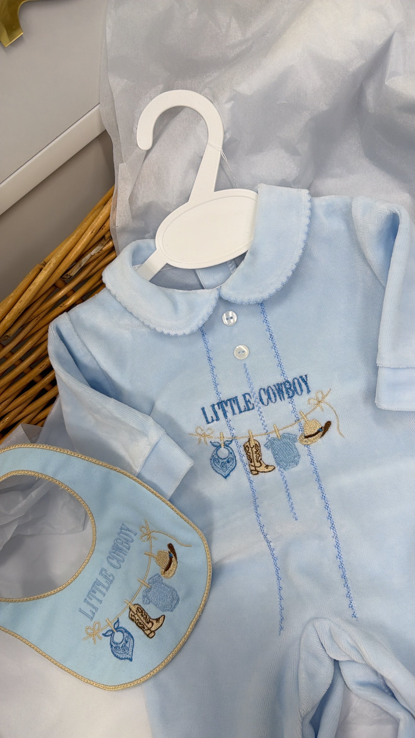 Velour cowboy babygrow & bib (blanket sold separately)