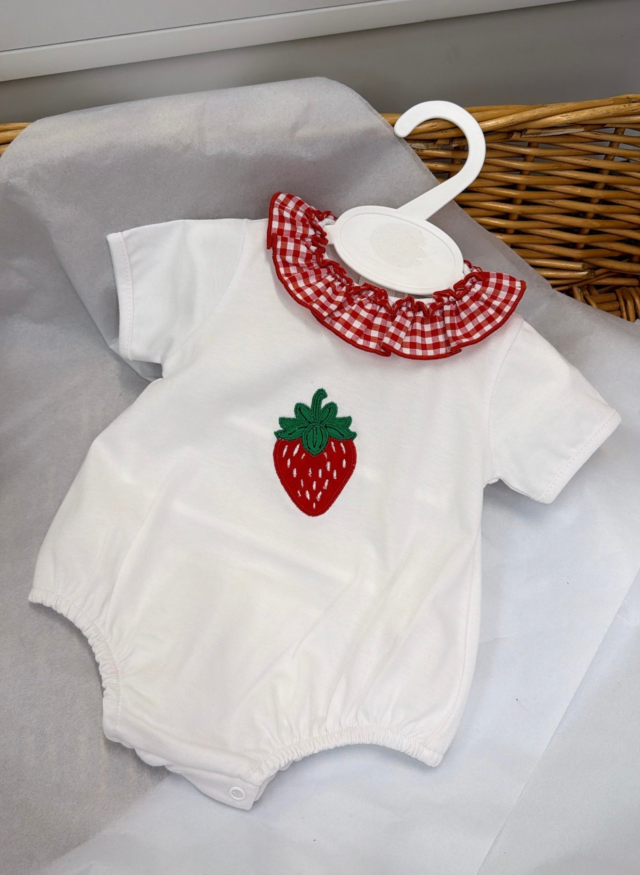 Strawberry gingham romper