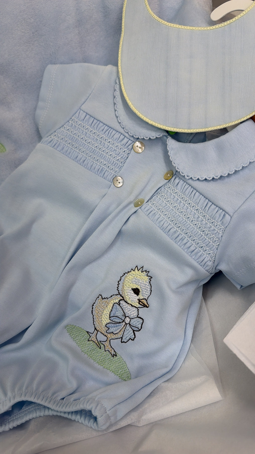 Chick smocked romper and bib and socks