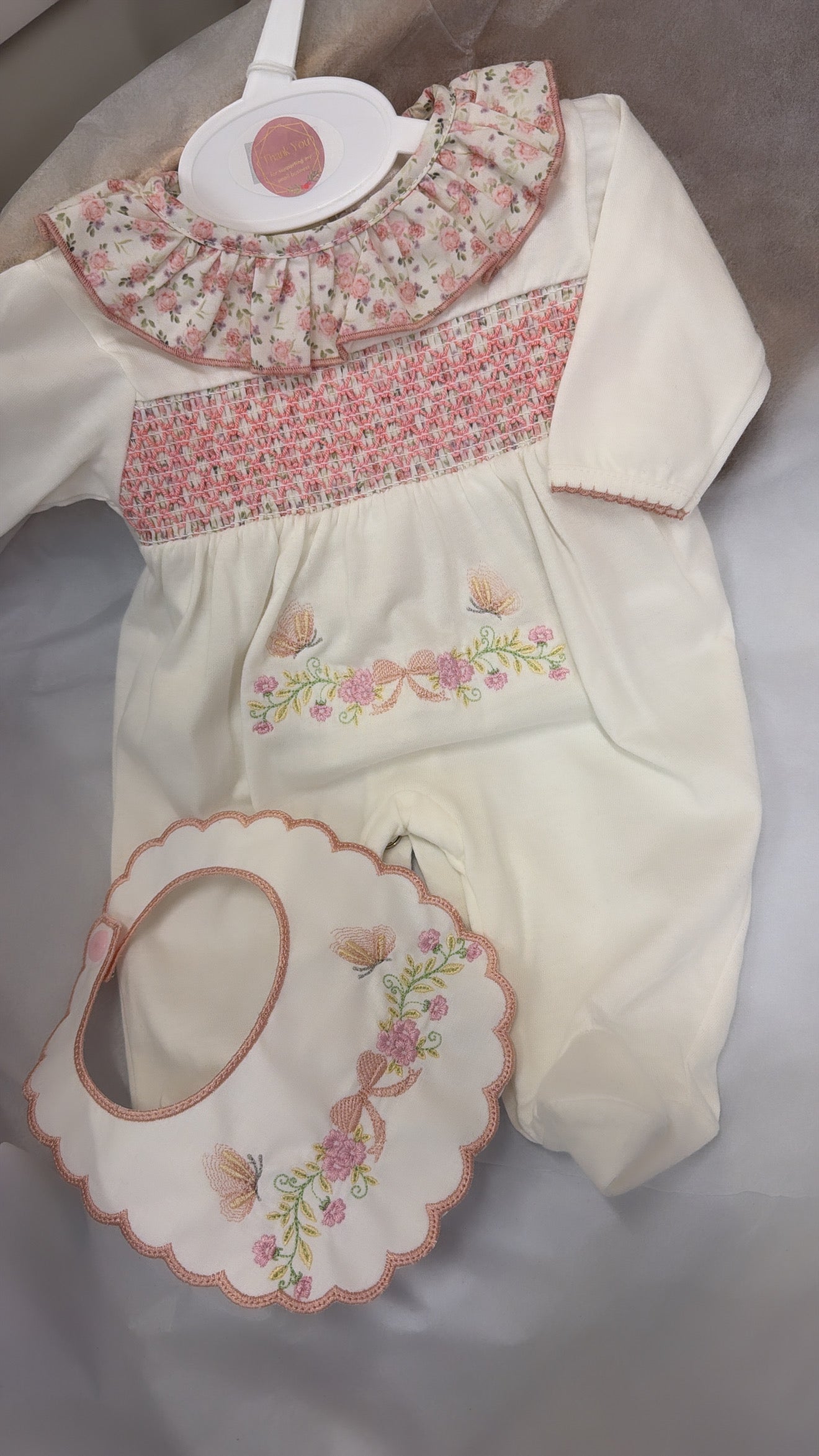 Floral smocked babygrow&bib set