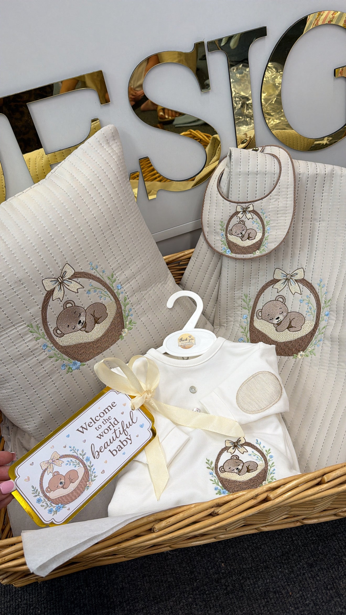 Sleepy bear hospital set: pillow, top, trousers,tag and throw