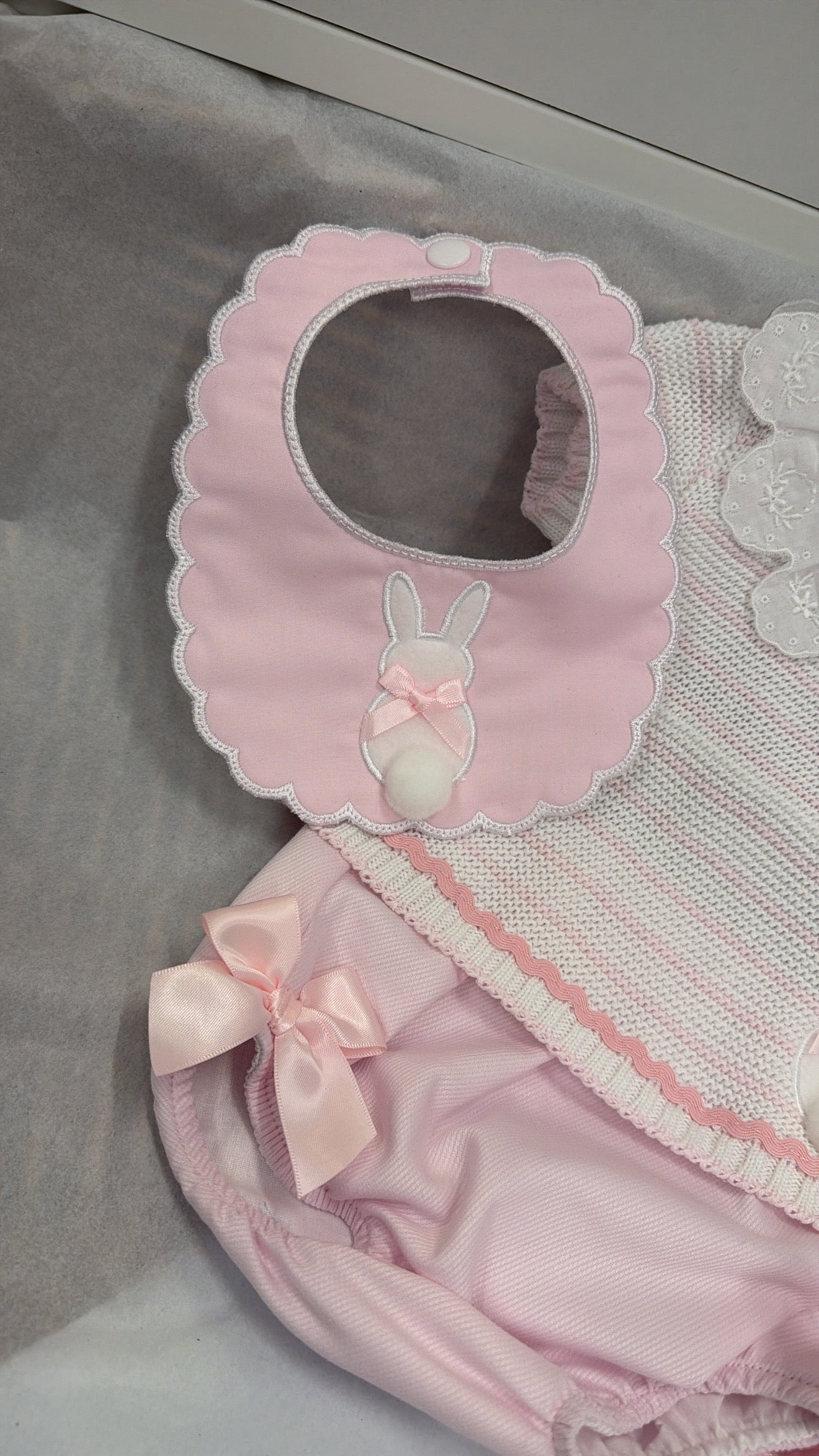 Pink stripe bunny two piece set and bib