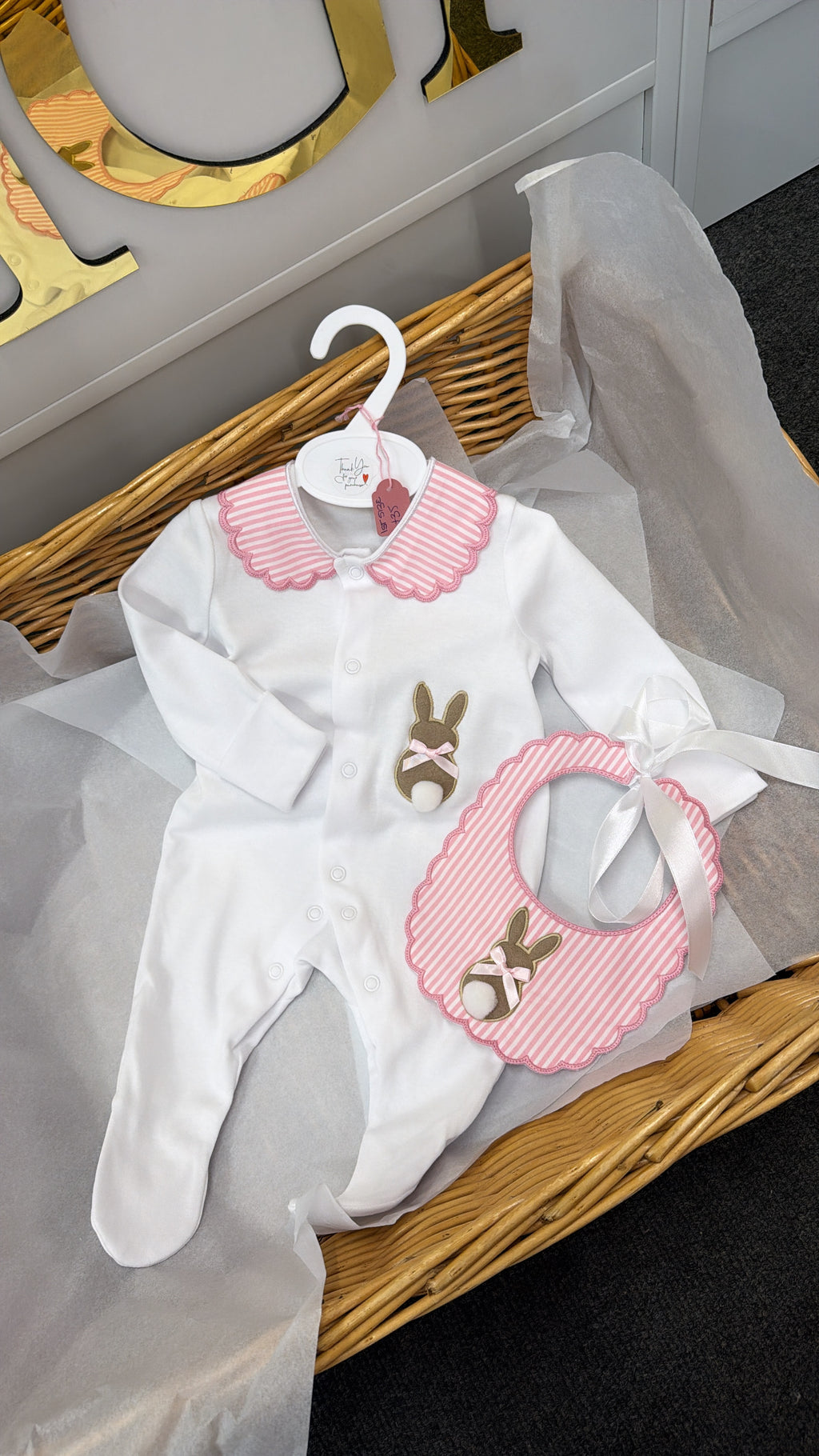 Baby girl bunny stripe set babygrow & bib