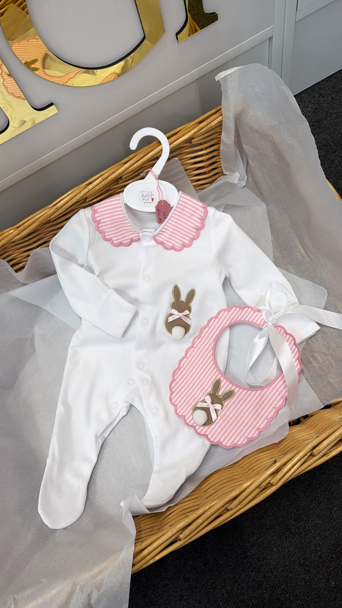 Baby girl bunny stripe set babygrow & bib
