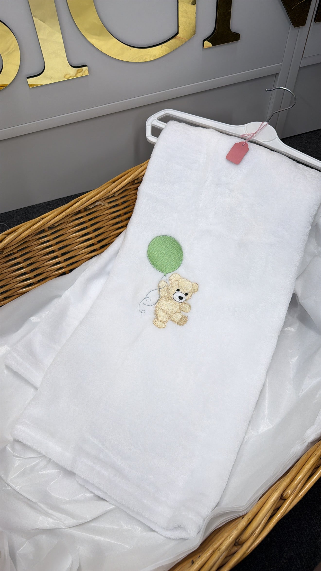 Sage green bear with balloon blanket