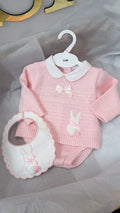 Pink bunny knit 2 piece and bib