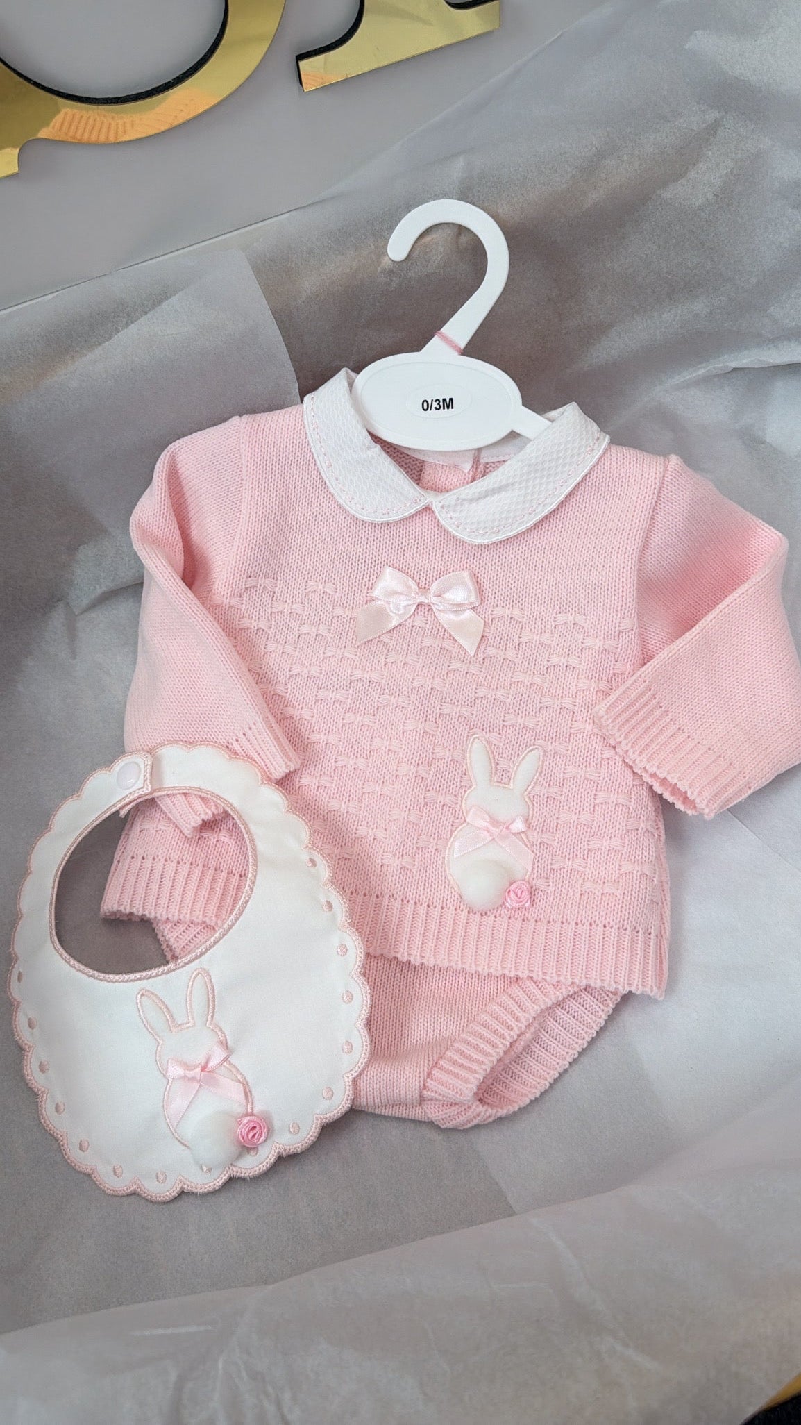 Pink bunny knit 2 piece and bib