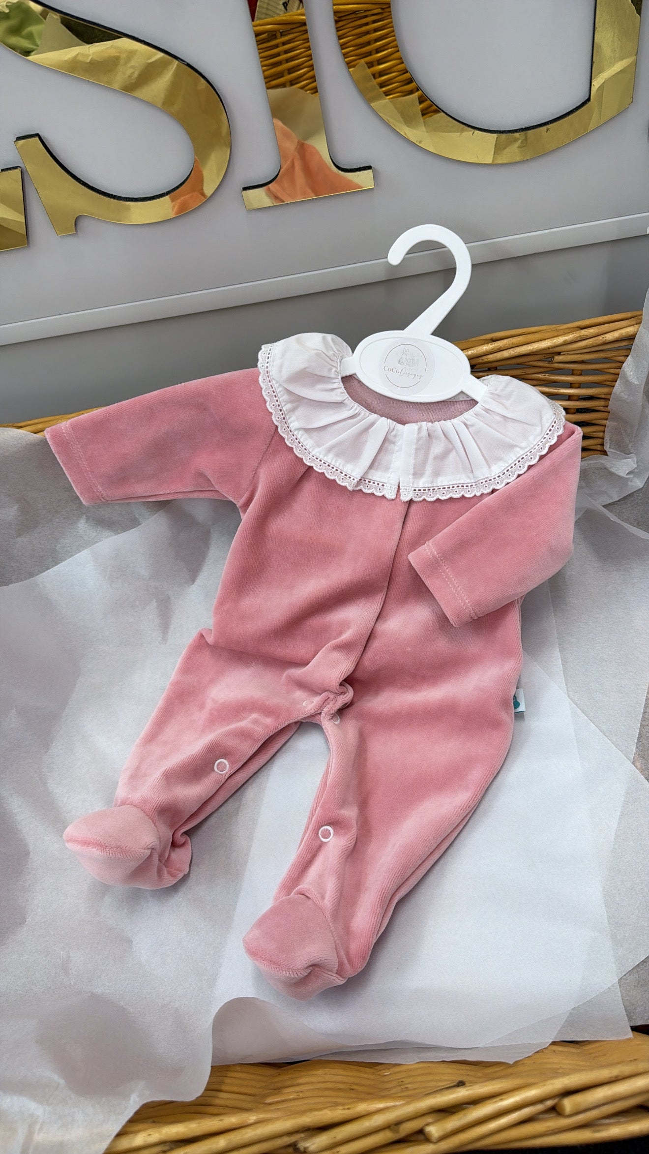 Rose pink velour babygrow