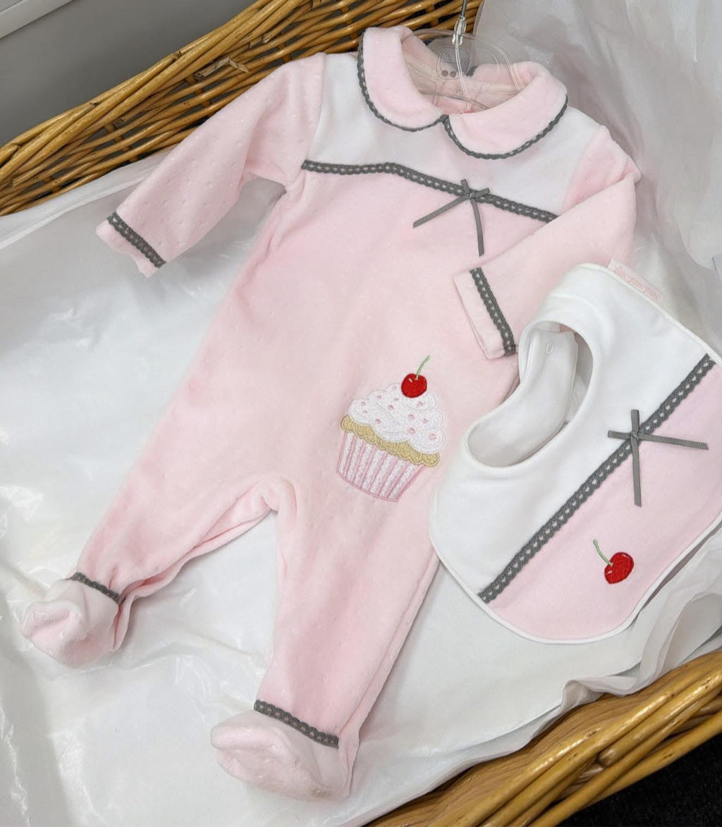 Velour cupcake babygrow&Bib