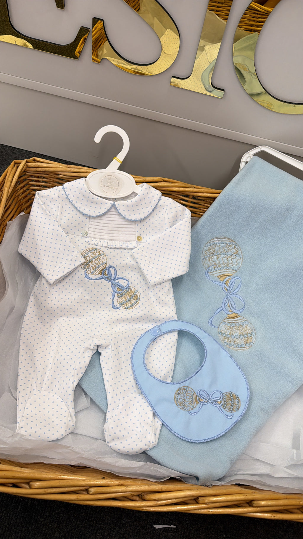Blue rattle babygrow and bib & blanket set