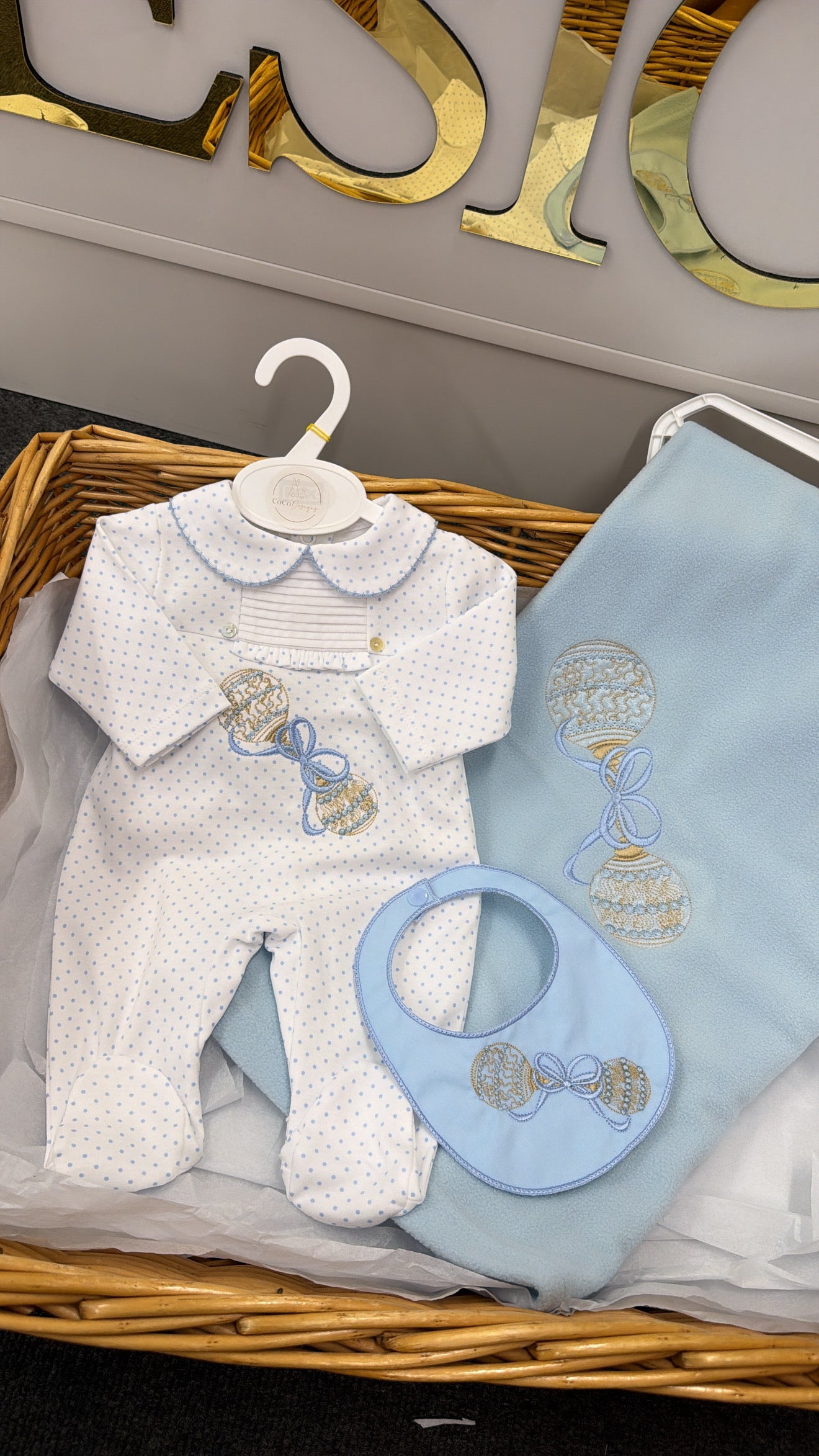 Blue rattle babygrow and bib & blanket set