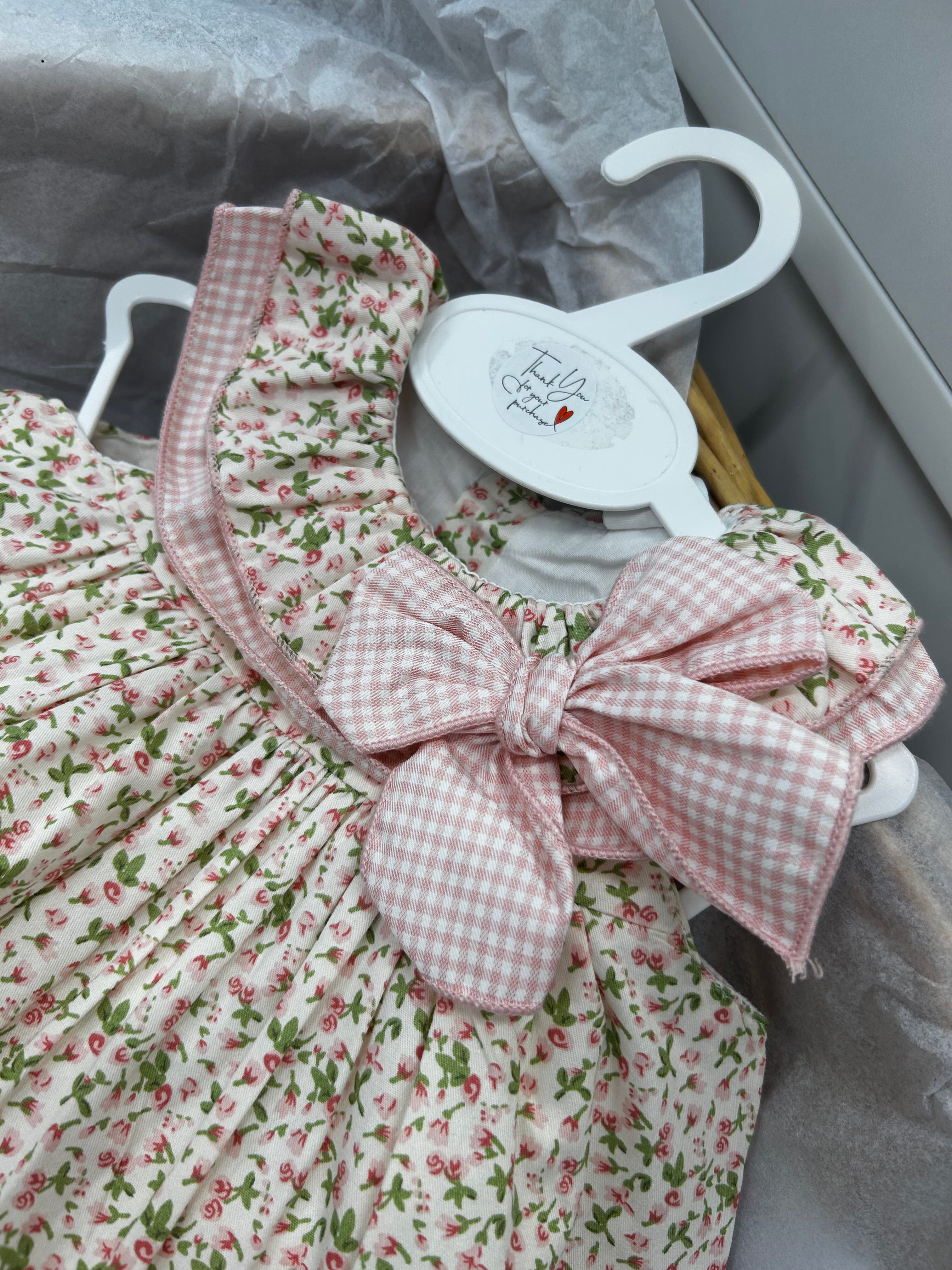 Floral dress with pink check bow (includes pants)