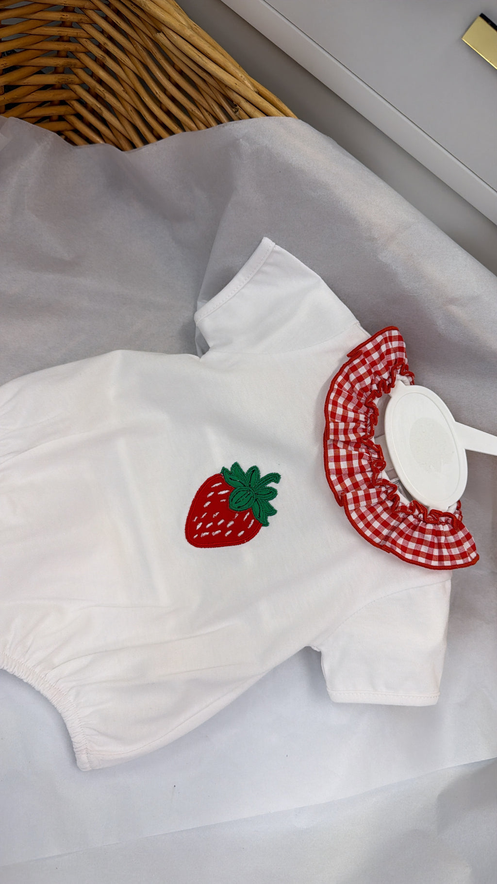 Strawberry gingham romper