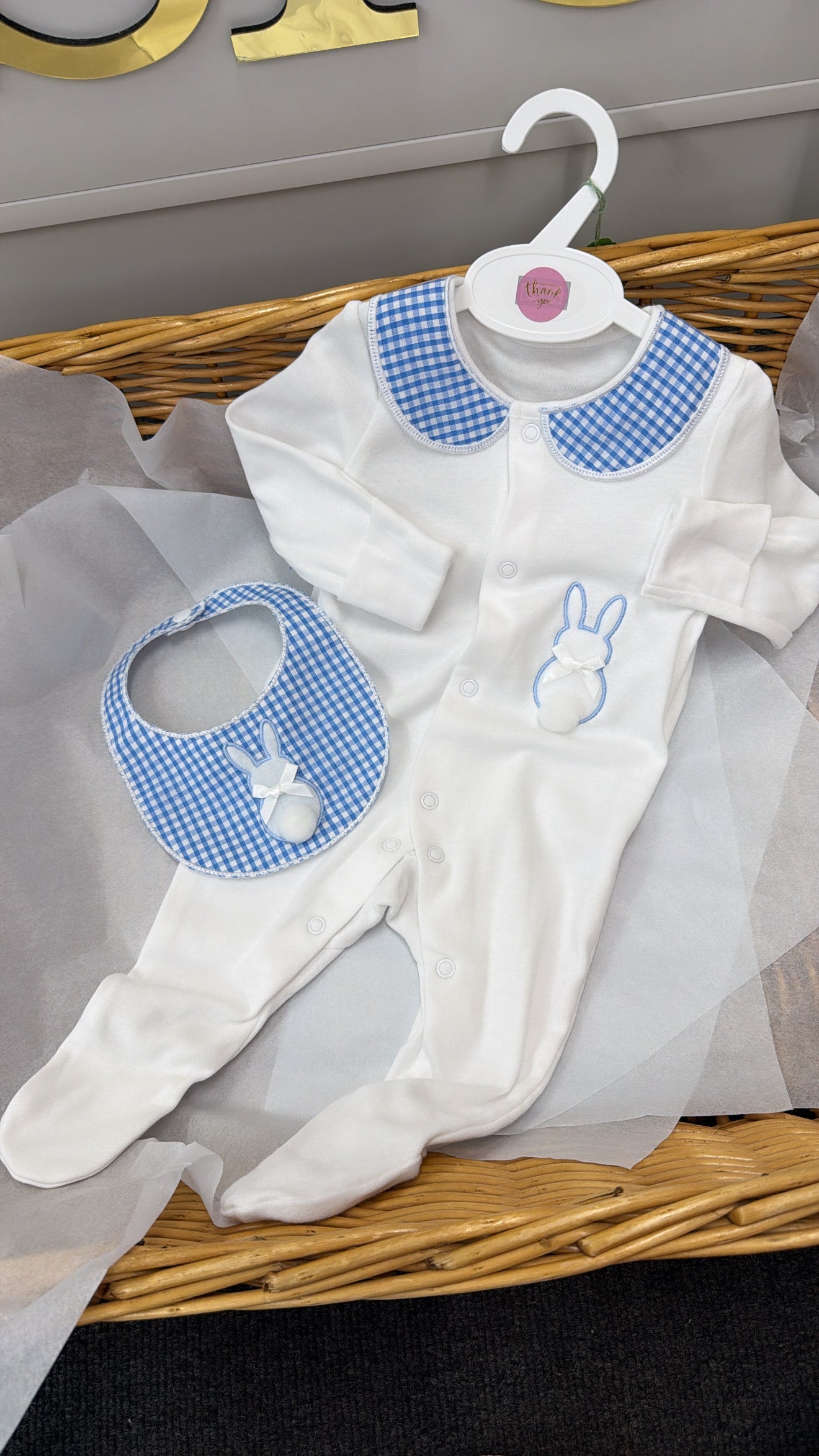 Blue check bunny babygrow & bib set