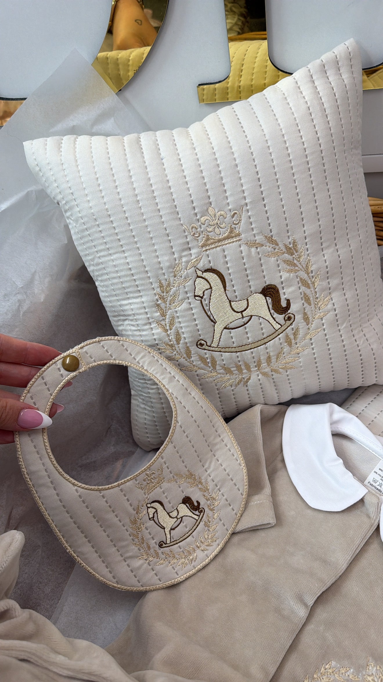 Beige rocking horse mini cushion