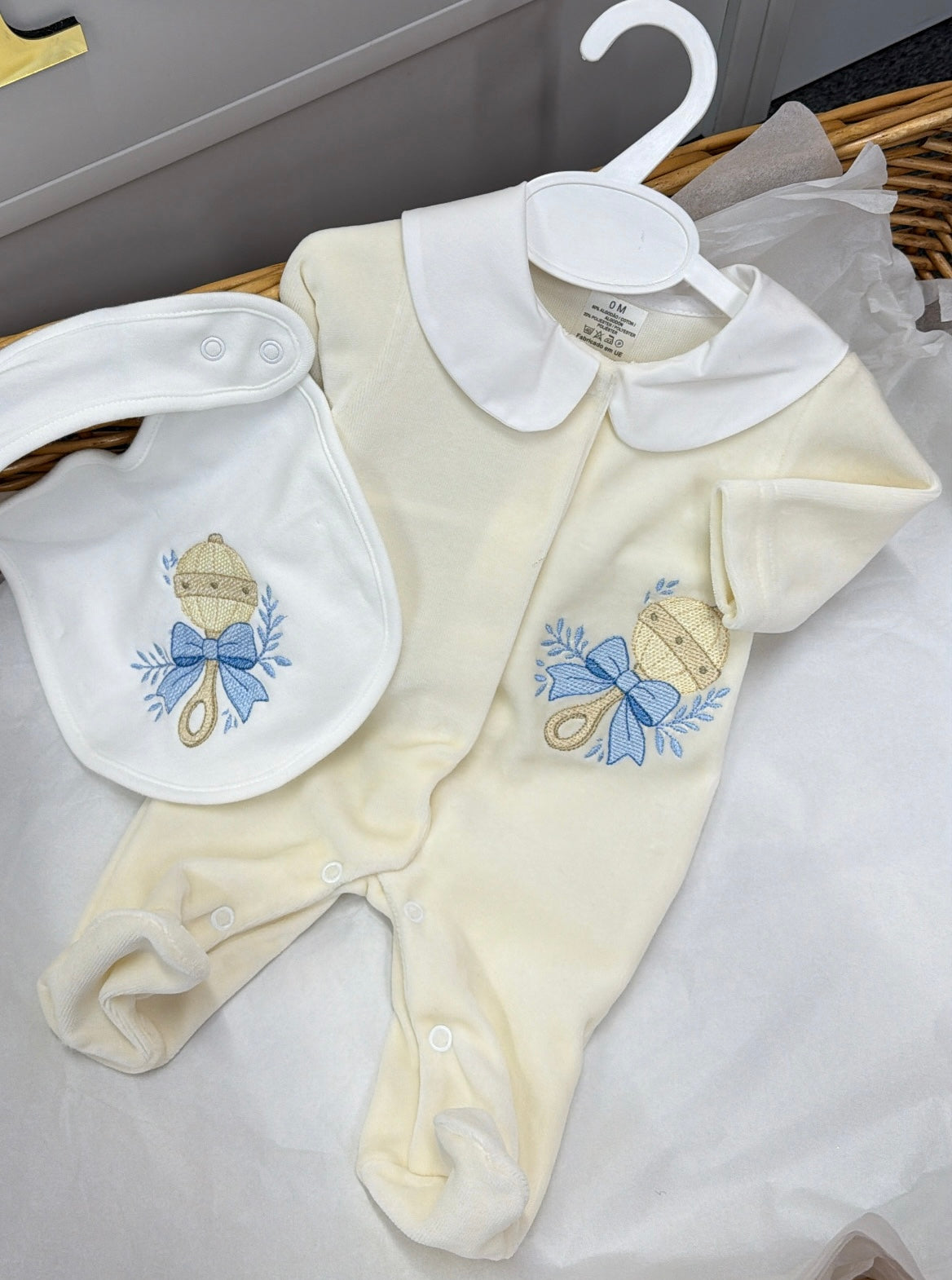 Cream velour babygrow&bib