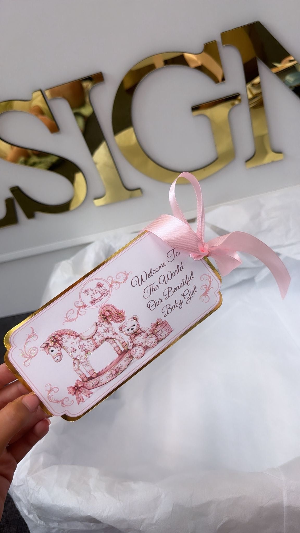 NEW - Pink Rocking horse & toys arrival tag (girl)