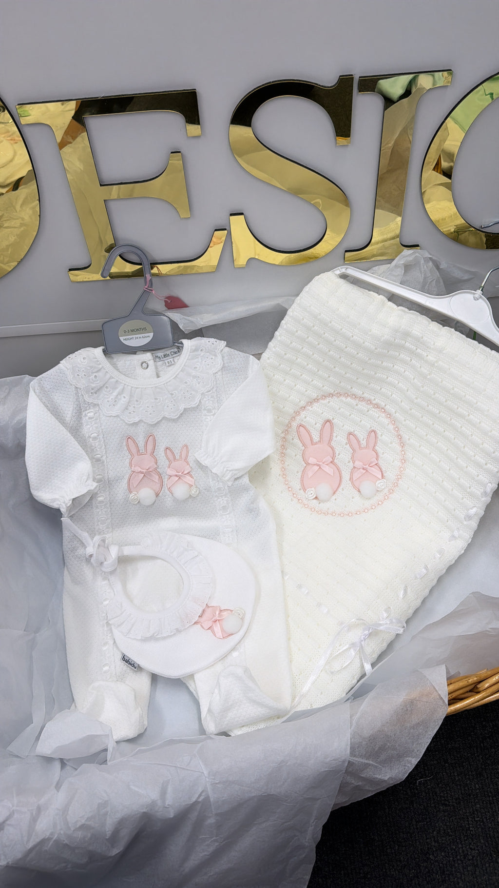 Lace bunny baby grow and bib set (blanket sold separately)