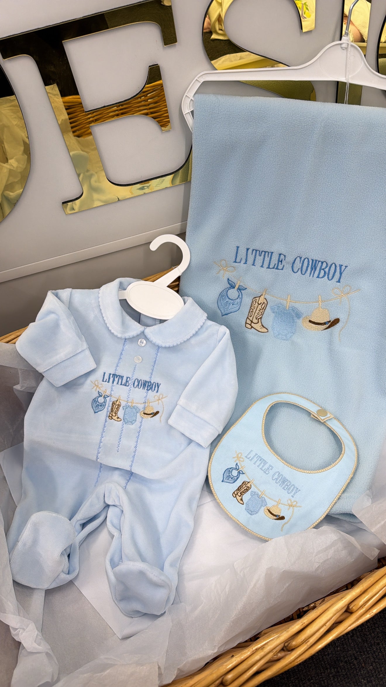 Velour cowboy babygrow & bib (blanket sold separately)