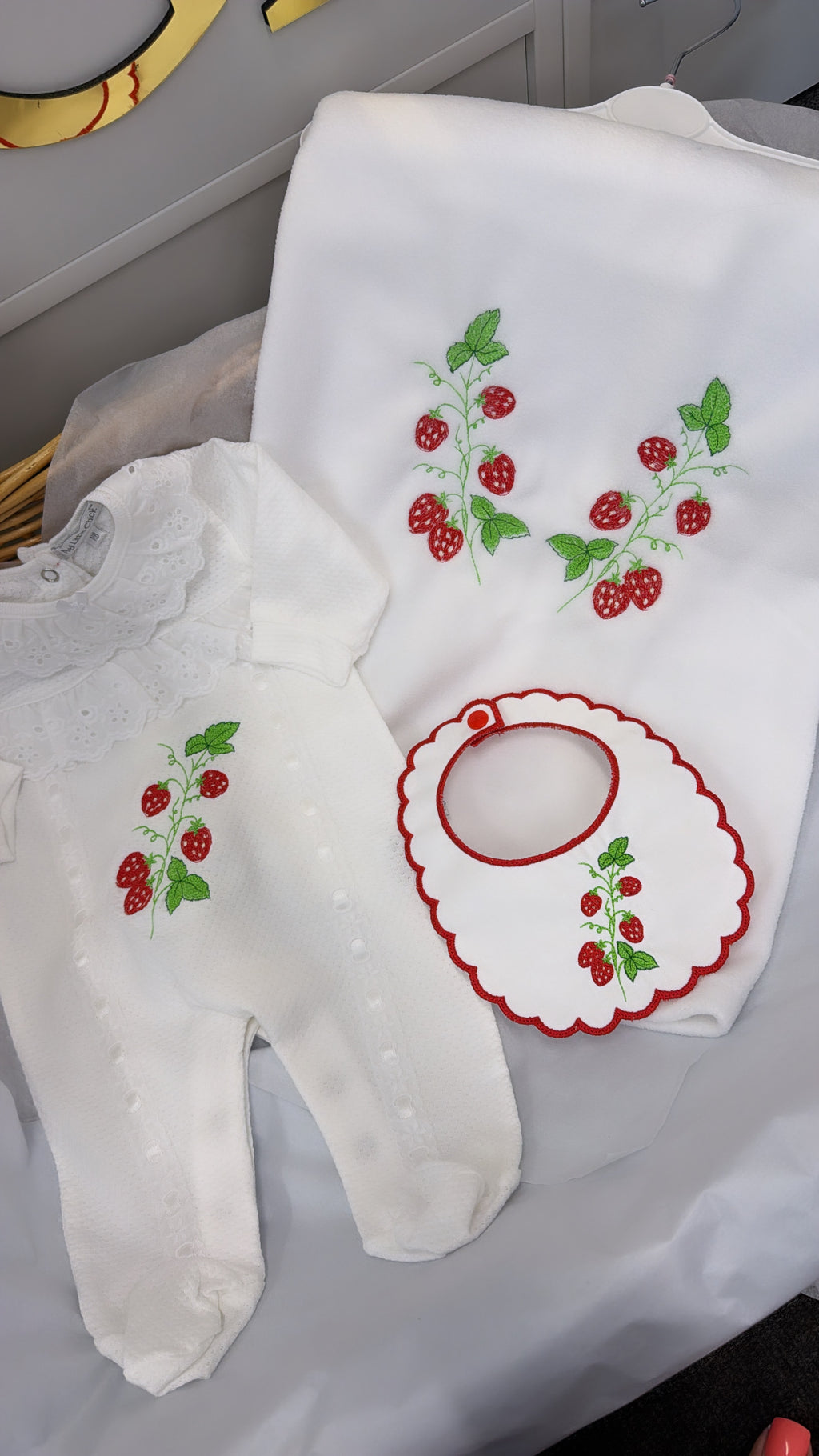 Summer time strawberry babygrow & bib & blanket
