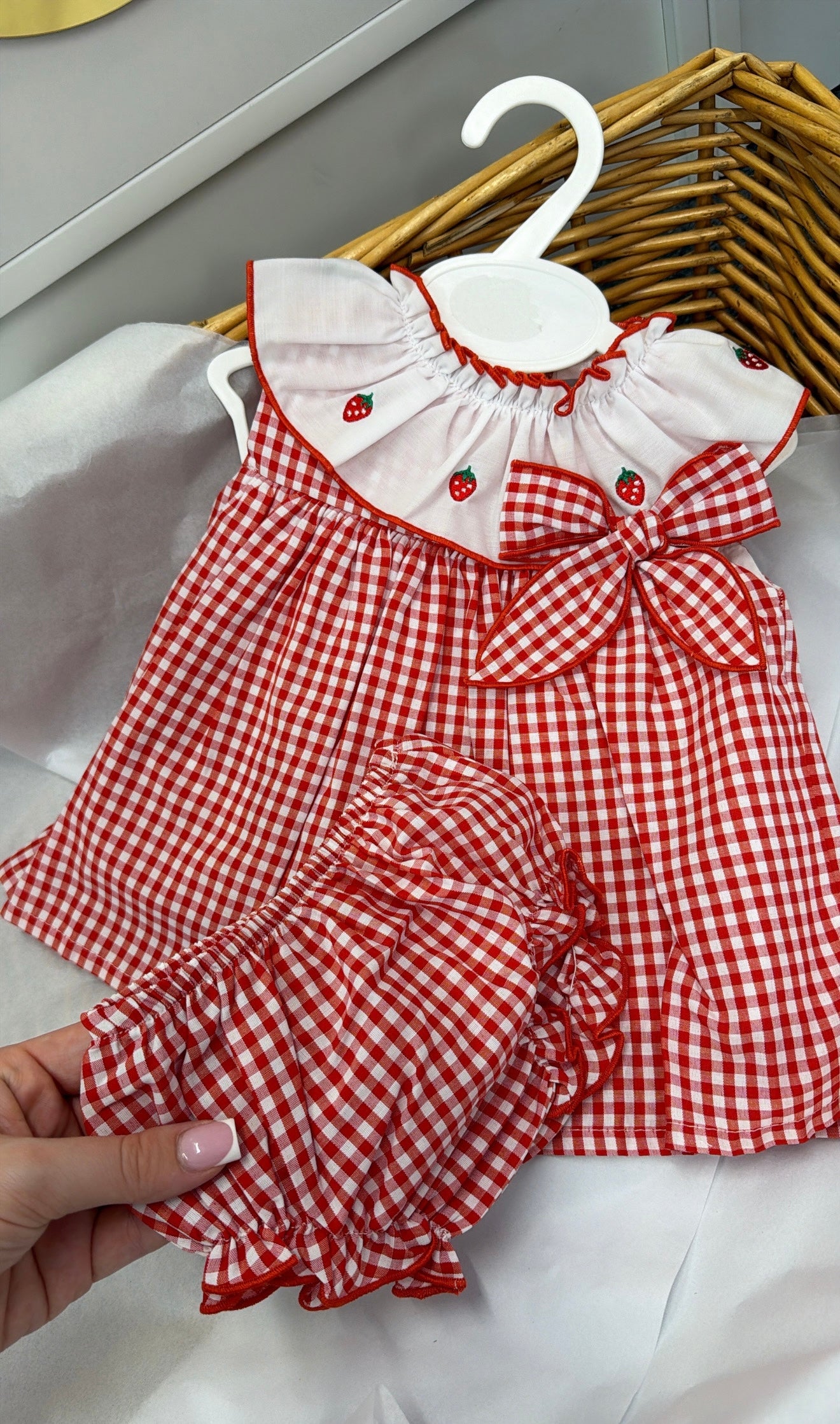 Gingham strawberry dress & pants set