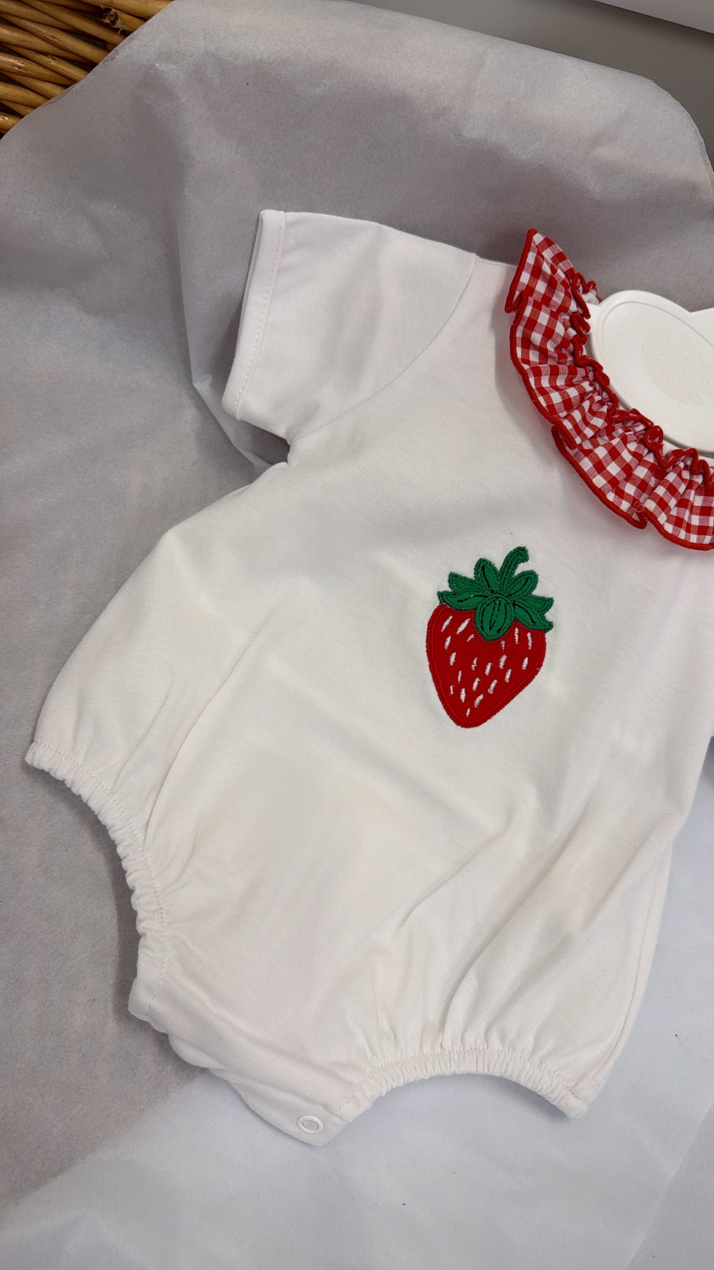 Strawberry gingham romper