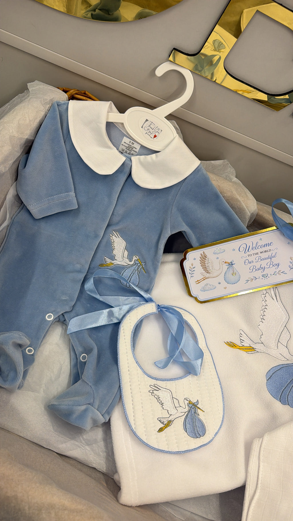 Full arrival blue stork set (bib,blanket,arrival tag,babygrow&muslin