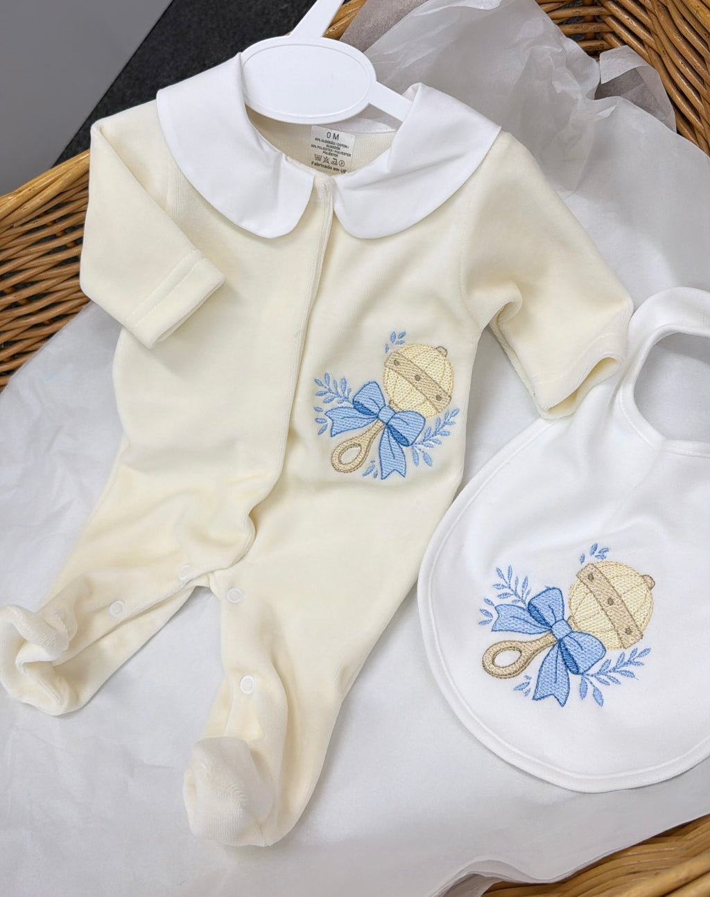Cream velour babygrow&bib