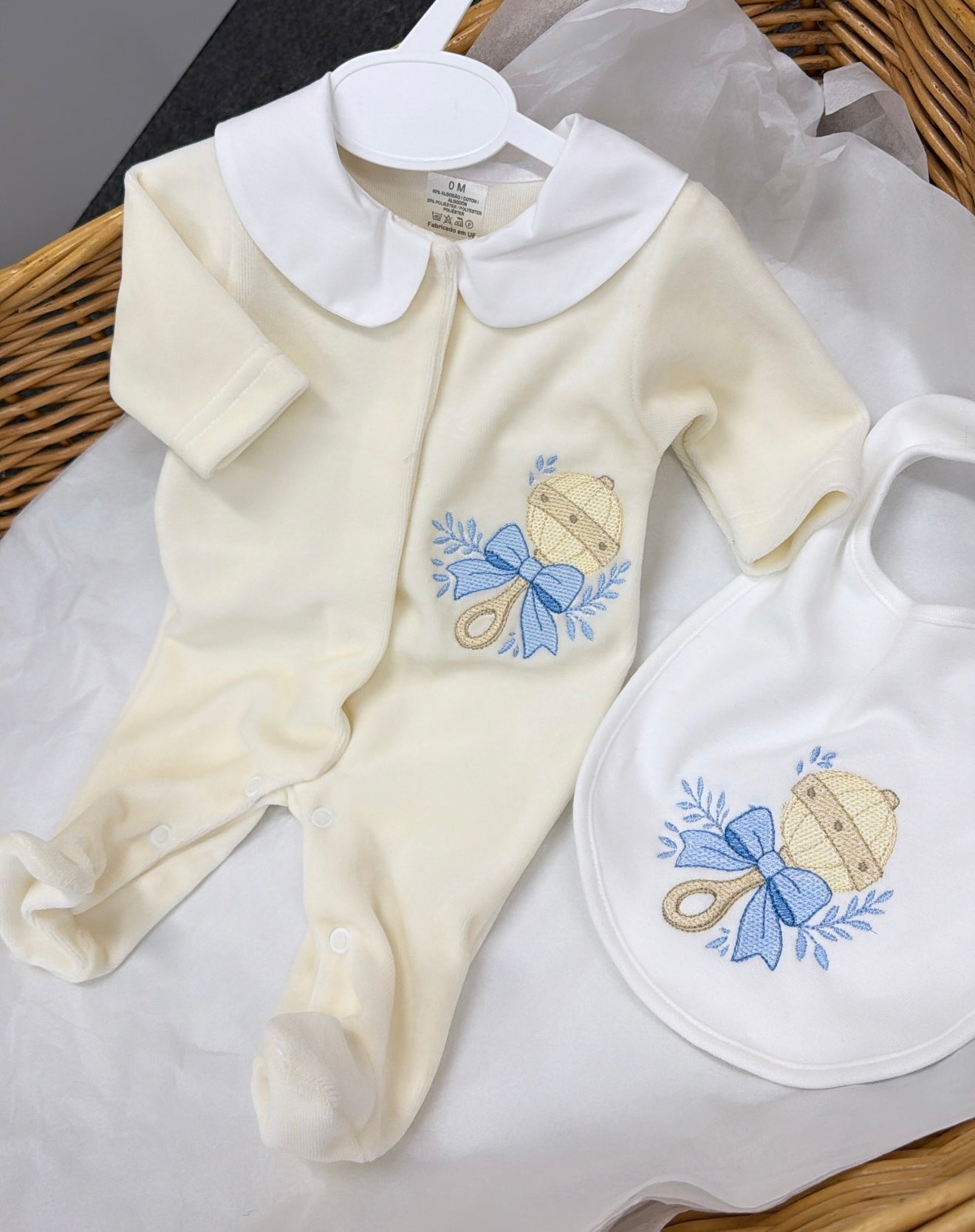 Cream velour babygrow&bib