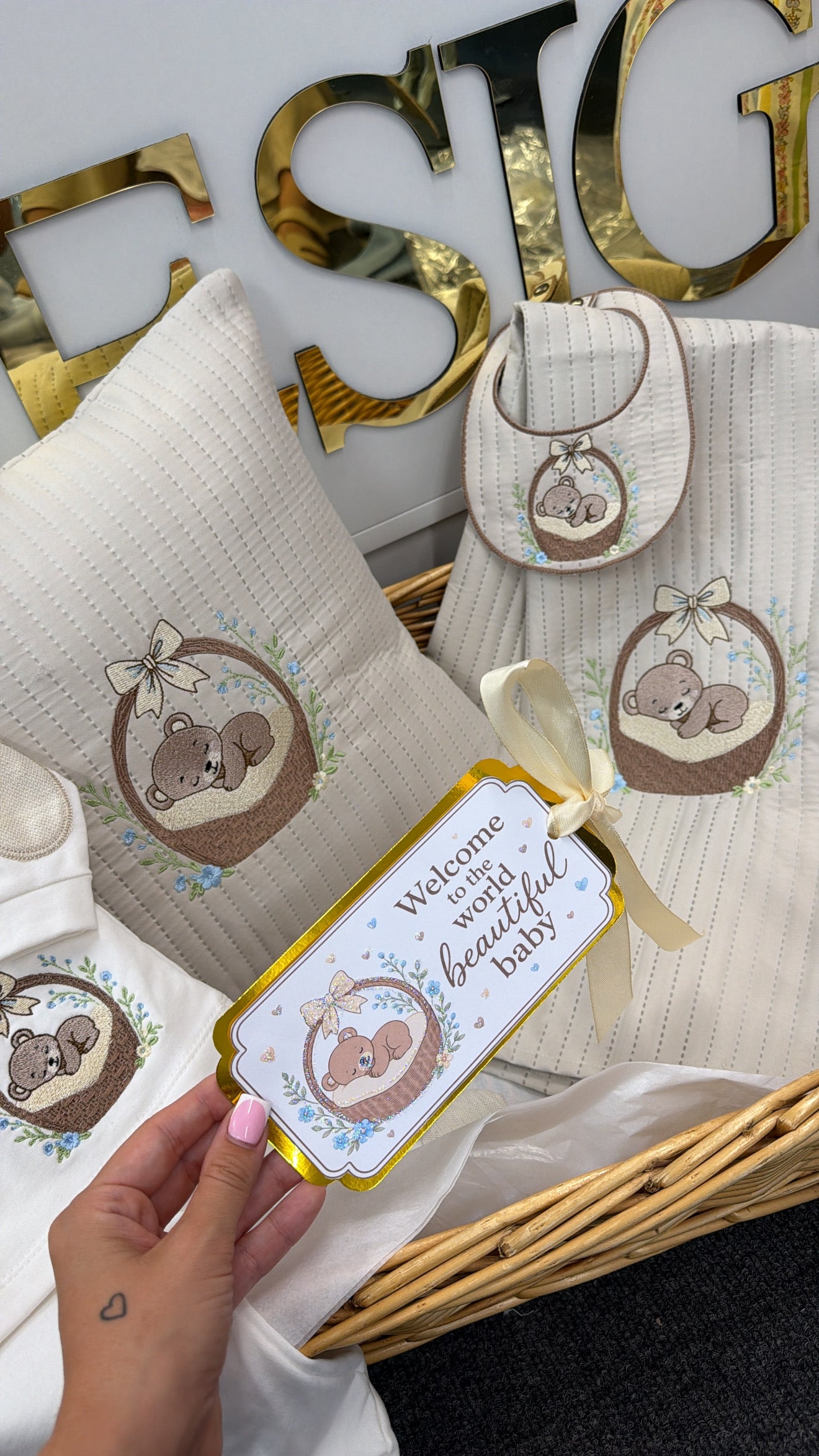 Sleepy bear hospital set: pillow, top, trousers,tag and throw