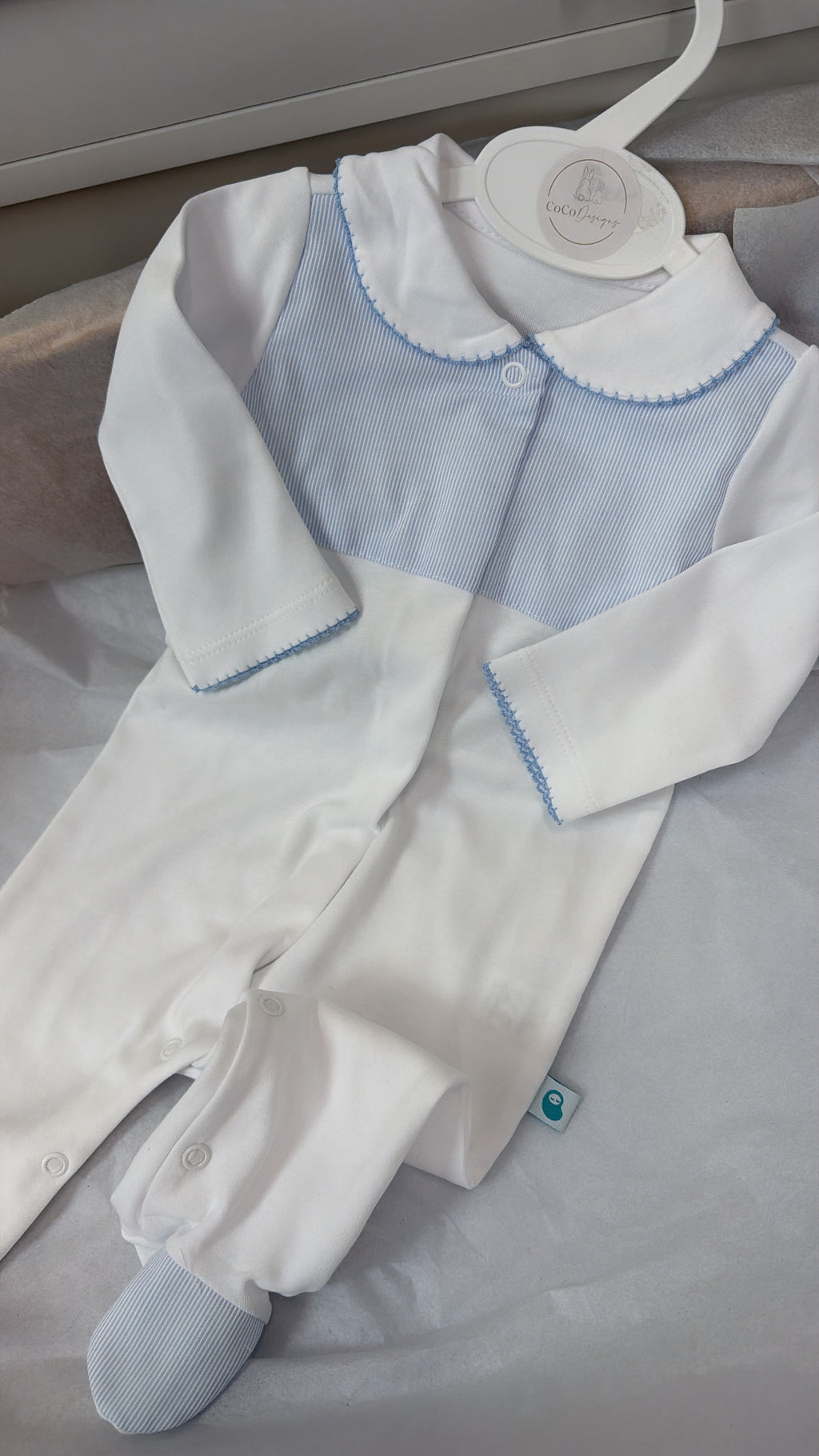 Baby blue stripe cotton babygrow